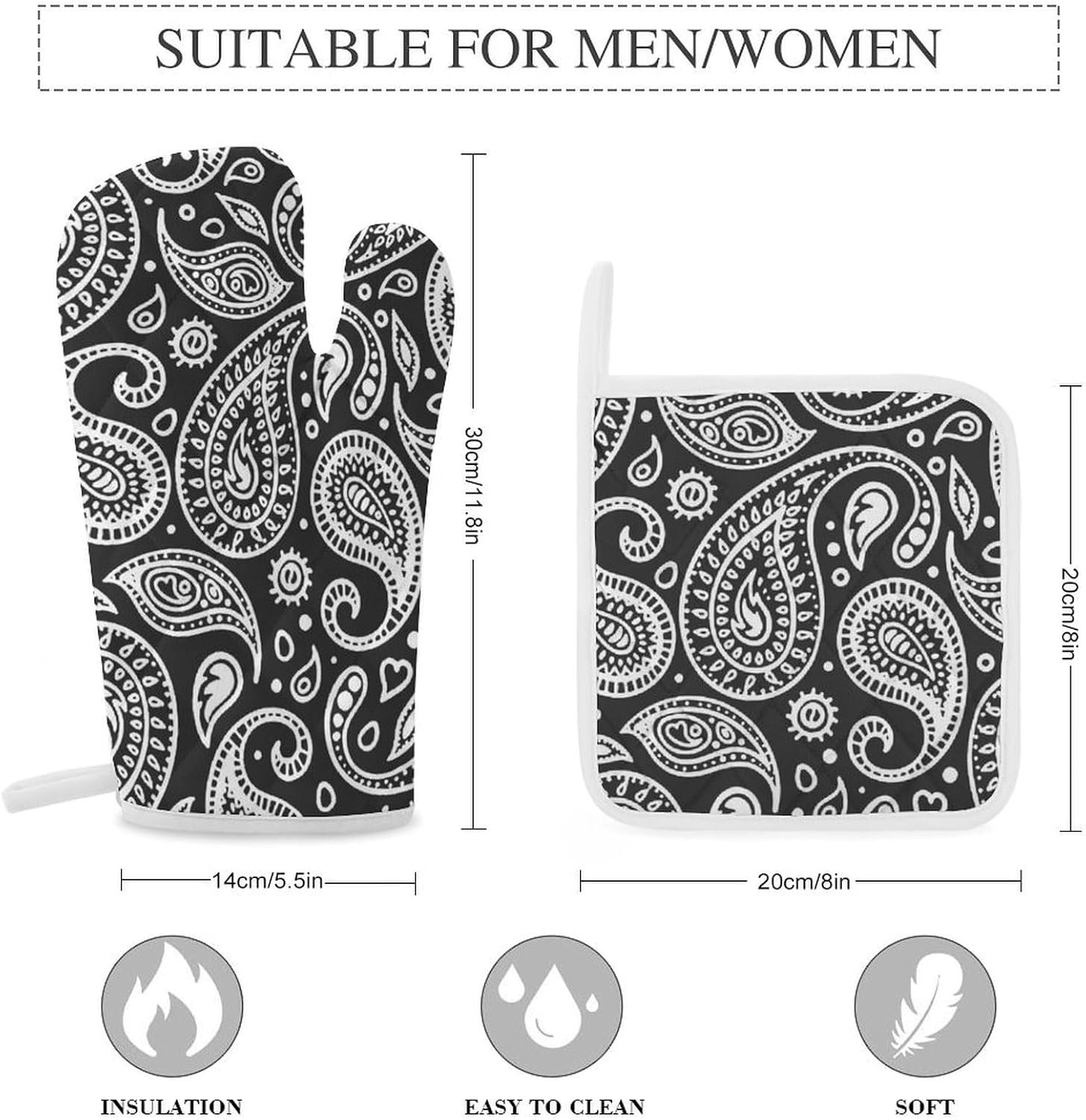 Black White Bandana Paisley Print Oven Mitts and Pot Holders 3 Piece Sets Heat Resistant Gloves Hot Pads Potholders for Kitchen Baking Cooking