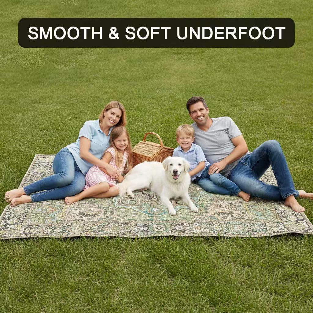 Beige Green Oriental Antique Waterproof 7x12 Outdoor Rug for Patio Balcony Garden Backyard Porch Camping Washable Non Slip Outside Carpet