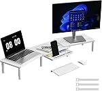 ETHU Riser de stand double moniteur pour bureau, supports de moniteur de bureau pour ordinateur 2 PC moniteurs, ordinateur, ordinateur portable et imprimante, 3 Support de bureau réglable longueur et angle avec support de téléphone et tiroir, fournitures de bureau, accessoires informatiques (Walnut)