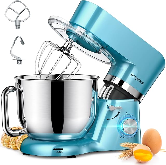 Stand Mixer, POWWA Food Mixer for Baking, 1500W 6.2L Electric Kitchen Dough Mixer Cake Mixer 6 Speeds with Dough Hook, Whisk, Beater&Splash Guard for Bread, Pasta, Cookie, Salad(Dishwasher Safe, Blue)