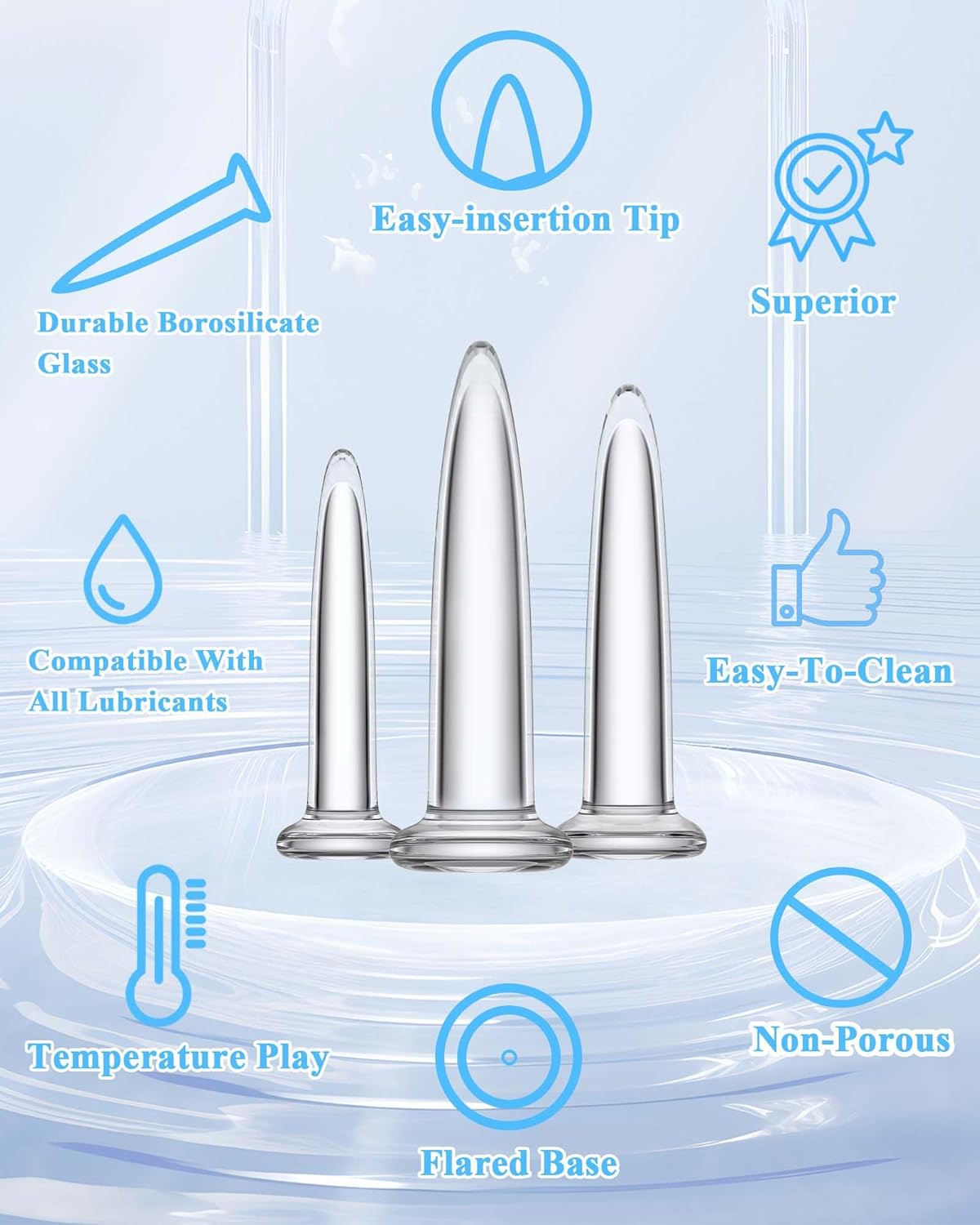 Glass Anal Dilator Set - Trainer Graduated 3-Size Kit - Crystal Clear Glass Butt Plug for Anal Dilation and Training