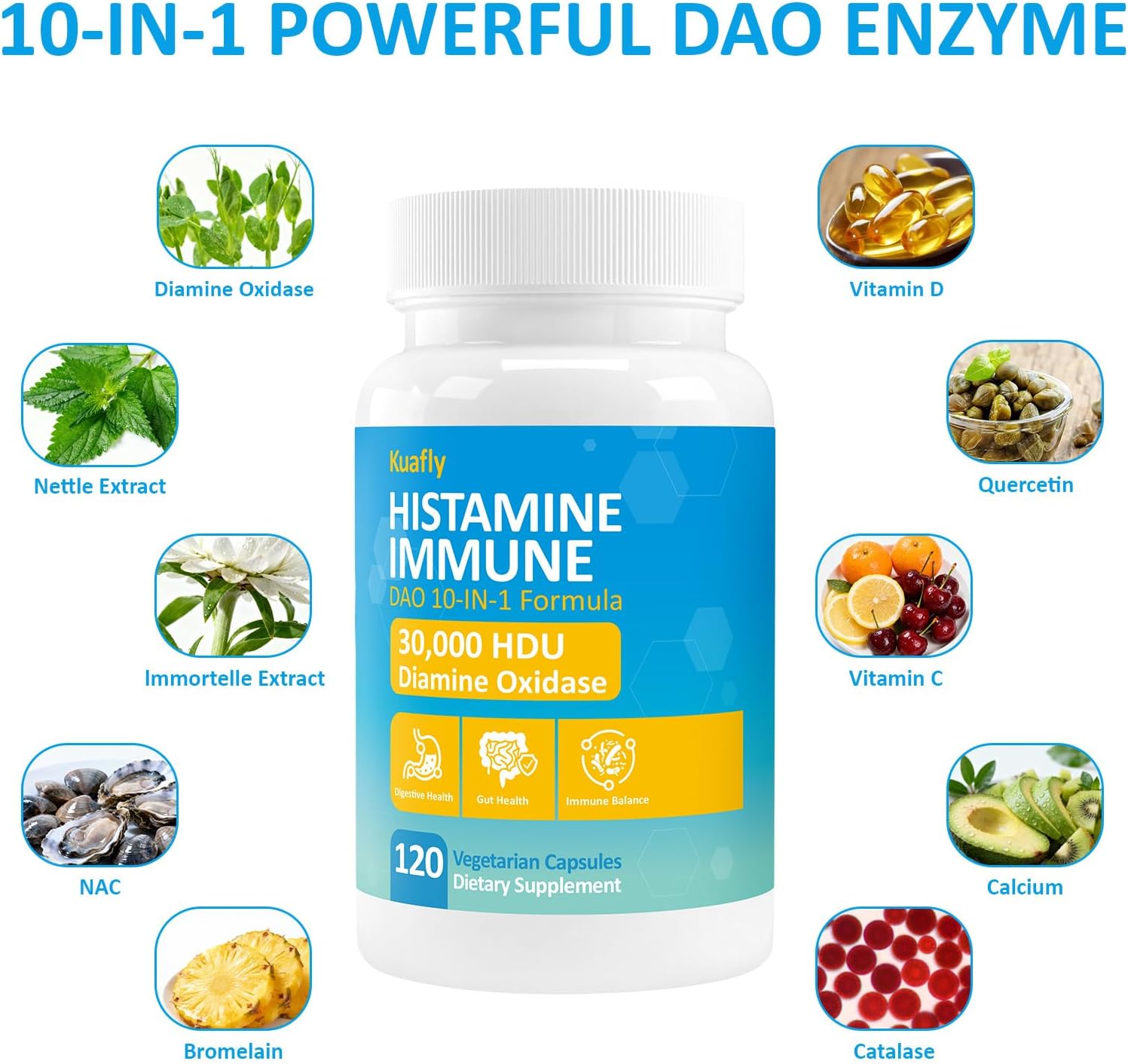 DAO Enzyme Supplements Histamine Blocker 120 Capsules– Natural DAO Supplement with Diamine Oxidase & Quercetin, Immortelle, Vitamin C for Gut Health 120 Capsules - Image 2