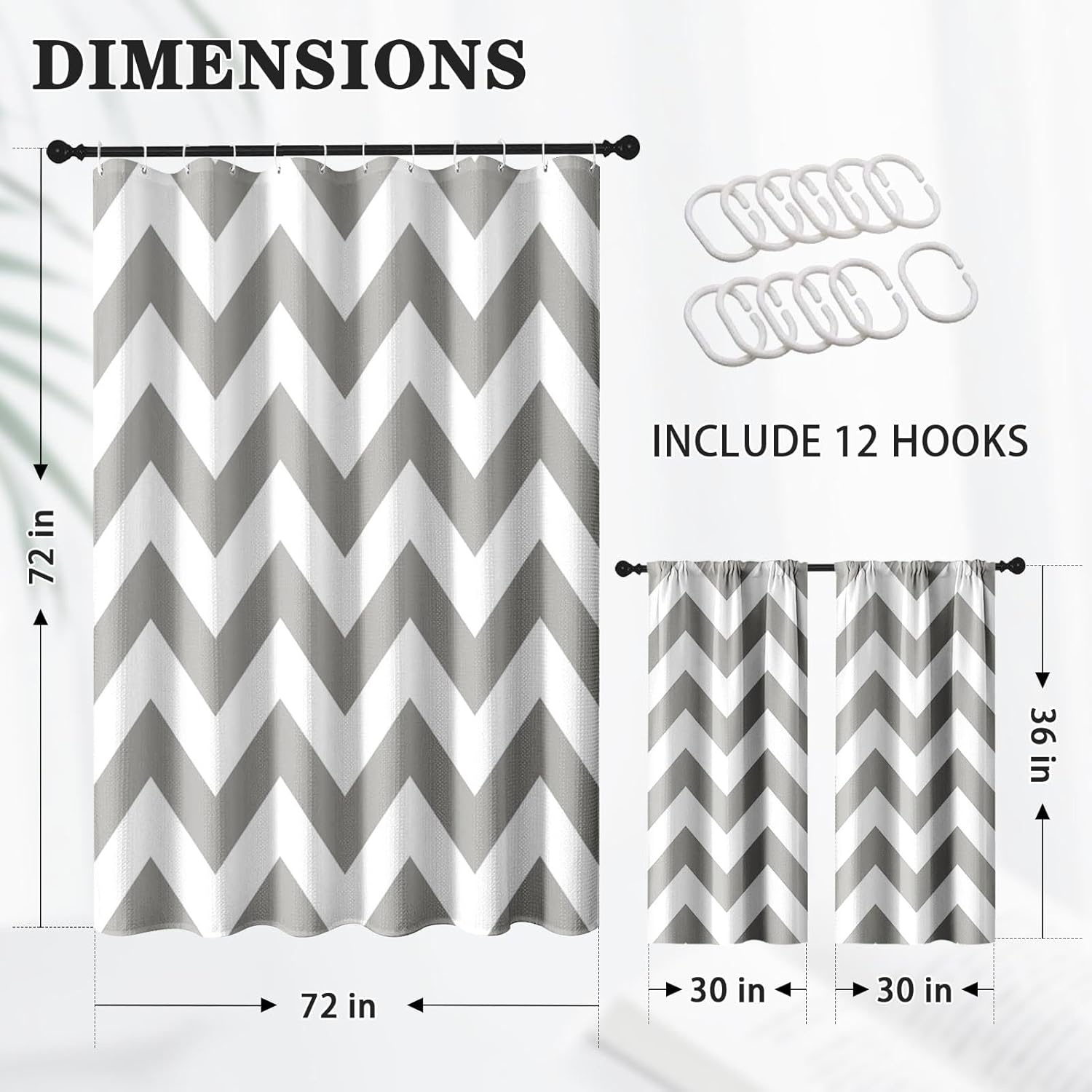 Chevron Striped Modern Gray White Shower Curtain Set, Wave Zig Zag Minimalist Herringbone Farmhouse Bathroom Window Waffle Cloth Waterproof Shower Curtains for Bathroom Decor