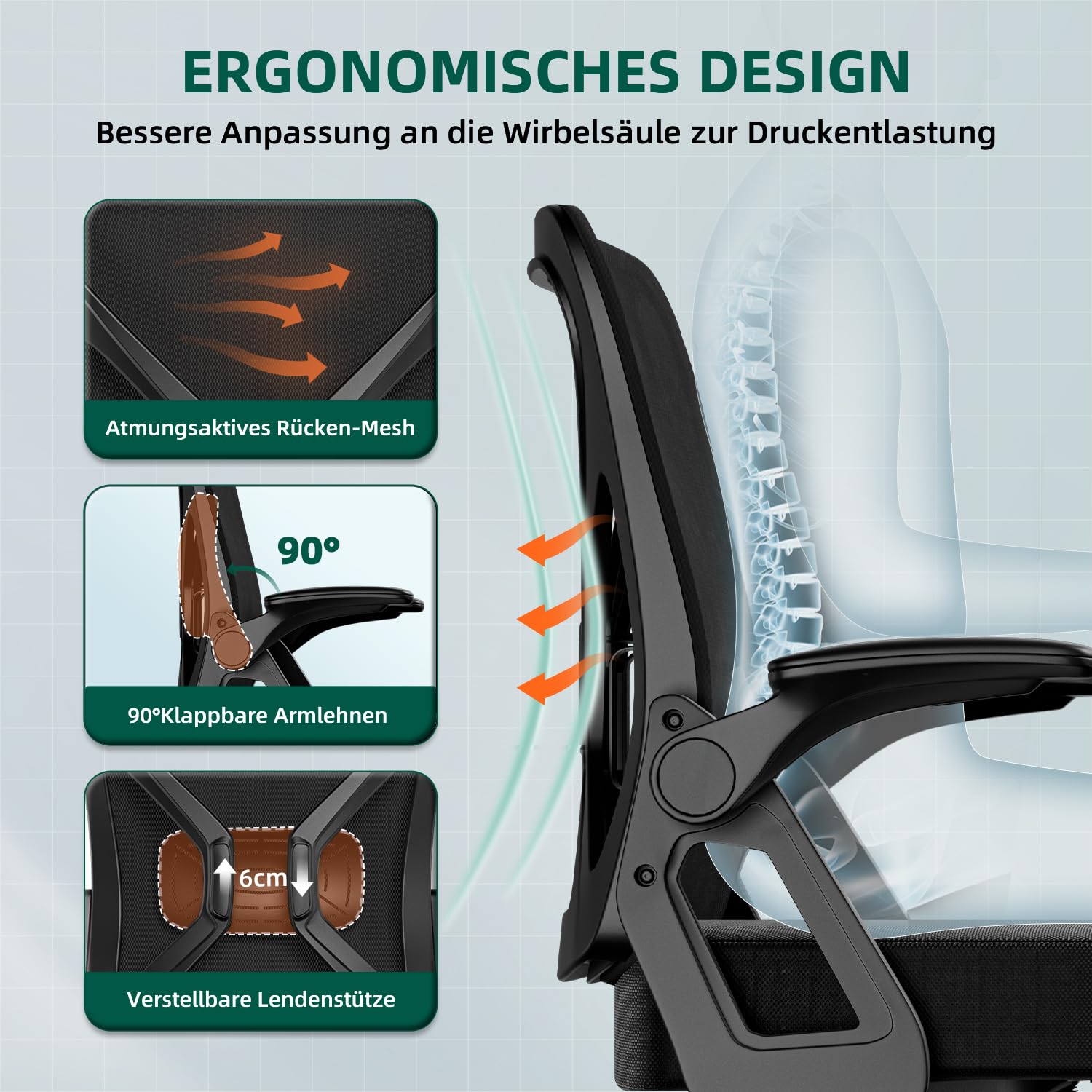 Bürostuhl Ergonomisch,Schreibtischstuhl mit Hochklappbaren Armlehnen,Einstellbare Lendenstütze,Höhenverstellbarer Chefsessel Drehstuhl,Netzstuhl mit Wippfunktion bis 125°,Schwarz