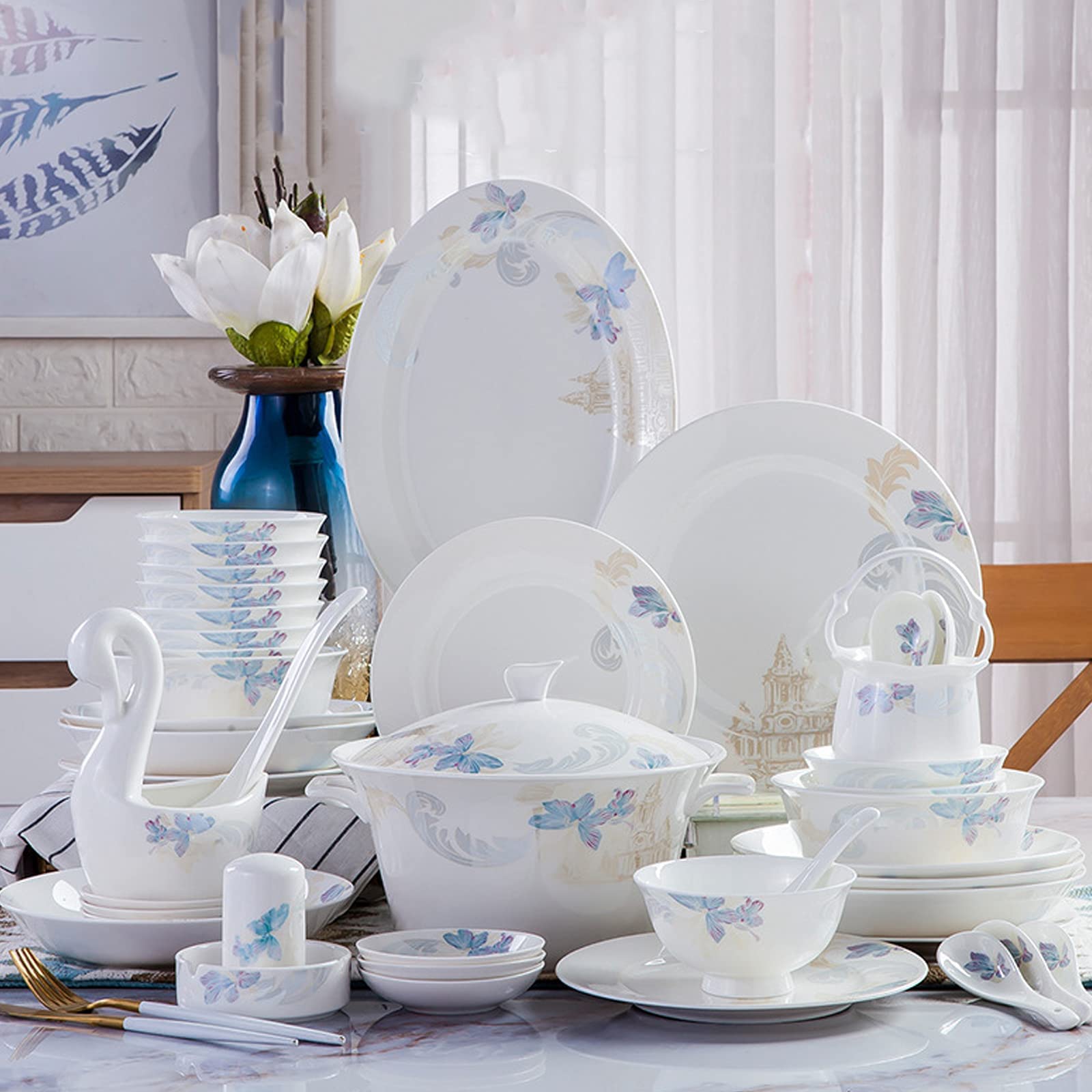 Zestaw Naczyń Ceramicznych W Stylu Retro, Piękny Zestaw Porcelany W Kolorze Niebieskim I Białym, Idealny Na Domowe Przyjęcie, Wesele, Hotel, Boże Narodzenie