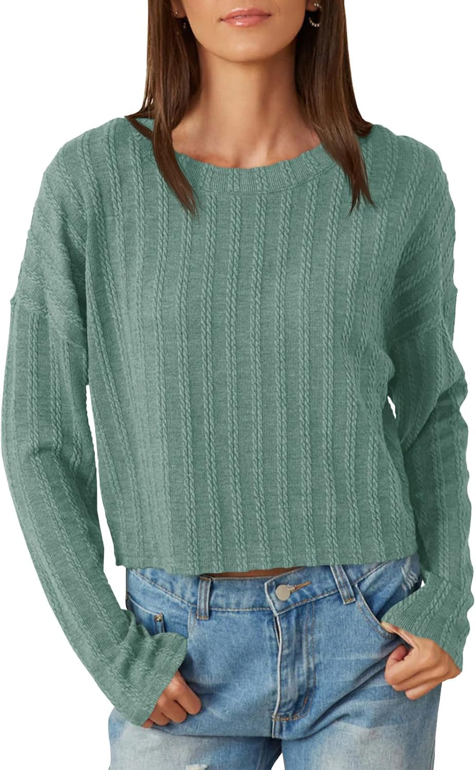 Tankaneo Womens Long Sleeve Crop Tops Textured Loose Fit T-Shirts Crewneck Basic Tees Casual Fall Knitwear