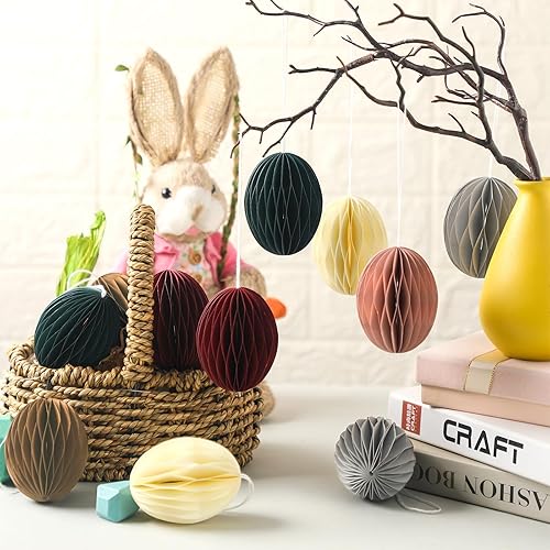 Miniatura 2 de Tenare 24 piezas de adornos de huevos colgantes de Pascua, centros de mesa de panal de abeja 3D, pompones de papel de panal para guirnalda, fiesta