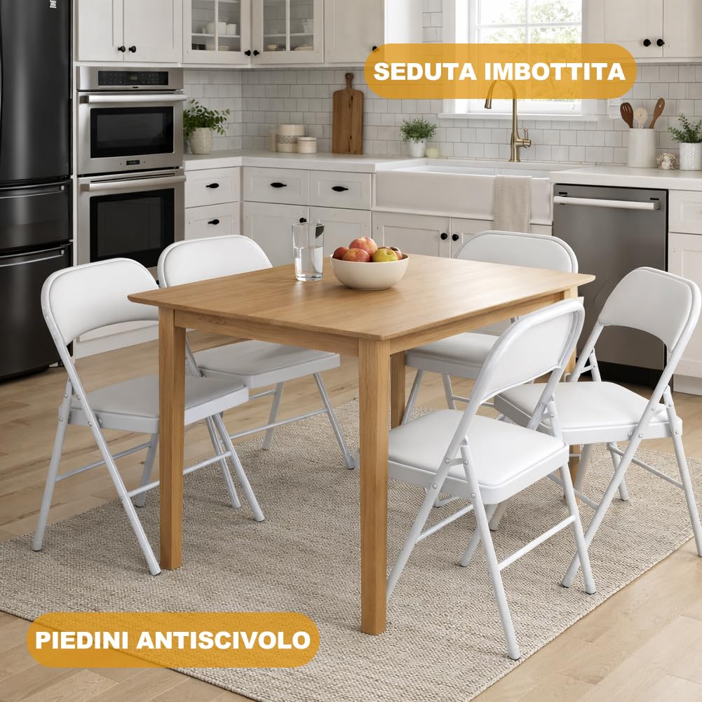 Shally Dogan Set 4 Sedie Pieghevoli con Struttura in Metallo e Seduta in Ecopelle Ergonomica ed Imbottita, Sedia Multiuso da Esterno ed Interno, Ideale per Bar, Ristoranti, Casa, Giardino (Bianco)