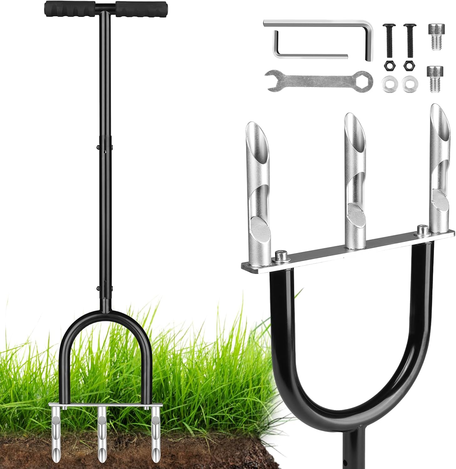 Lawn Aerator with 3 Hollow Tines, Manual Core Aerator Lawn Tool, Adjustable Height (35–40 in), Black Finish, Ergonomic Non-Slip Handle, Semi-Assembled Plug Aerator for Lawn, Yard, Compacted Soil