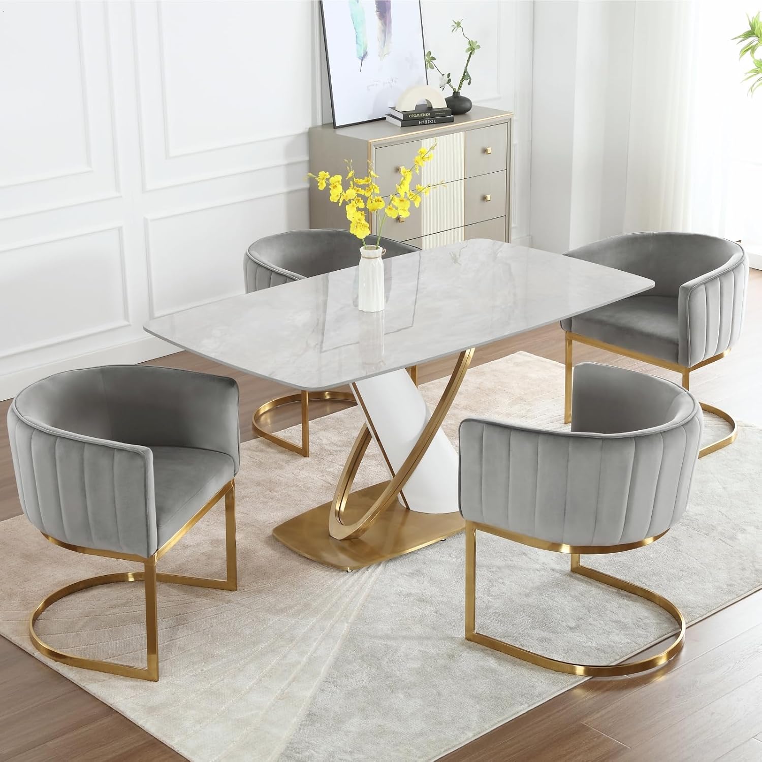 chairus Velvet Dining Chairs Set of 2, Modern Barrel Armchairs with Gold Metal Legs Curved Back, Upholstered Kitchen Chairs for Dining Room Living Room Reception, Grey