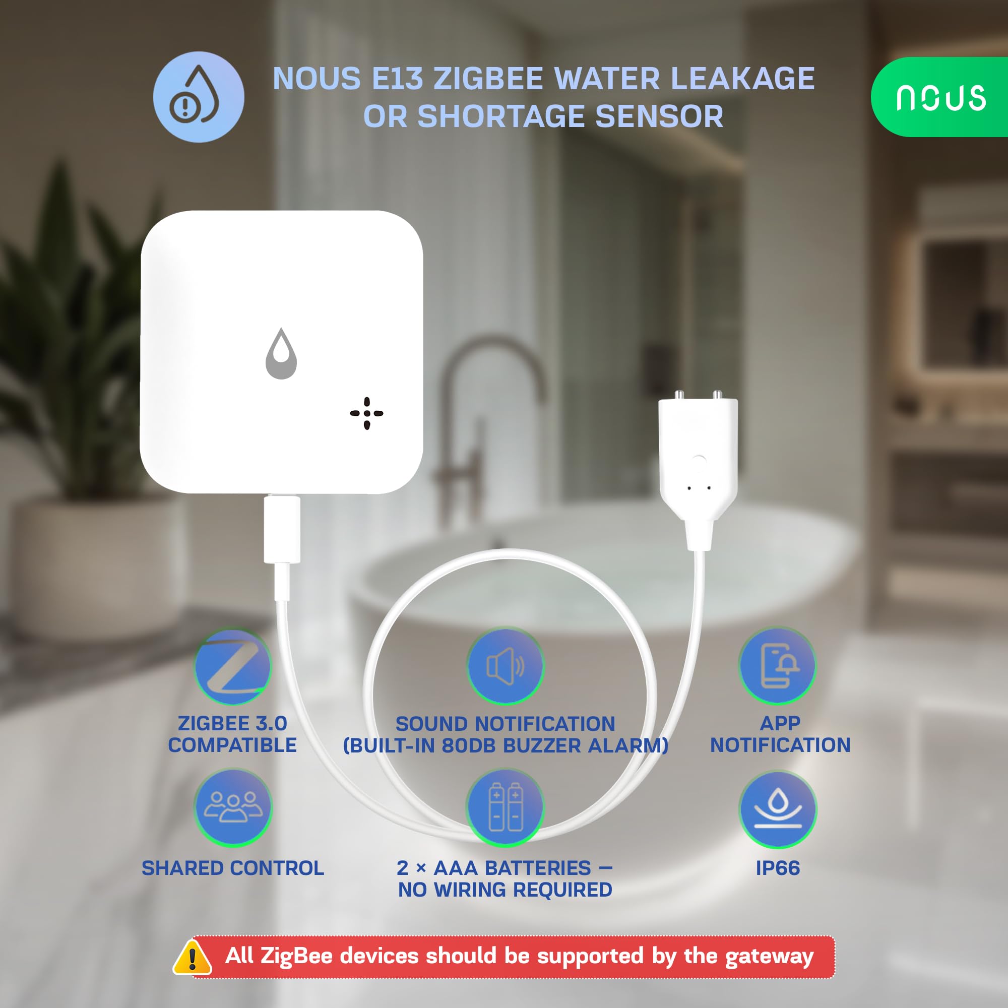 Nous E13 ZigBee Sensor de Agua para Fuga o Falta de Agua, Alarme de 80 dB, Notificación por App, IP66, Funciona con Batería (2×AAA), Compatible con Alexa, Google Home, Se Requiere Hub ZigBee