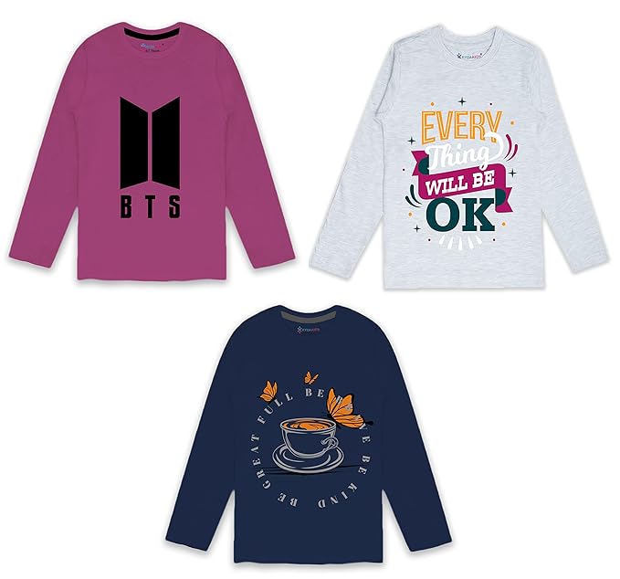 KYDA KIDS 100% Cotton Girls Full Sleeve Printed T-Shirt,Regular fit Round Neck Tops (Pack of 3)