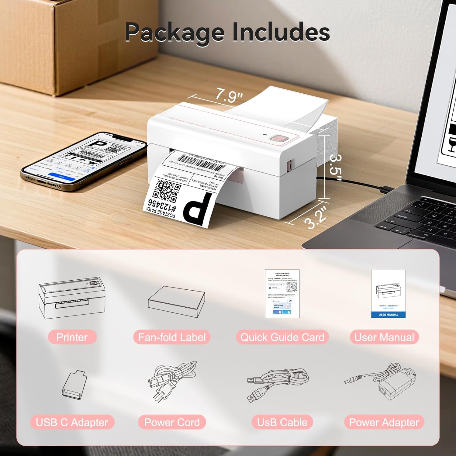 Bluetooth Thermal Label Printer, Wireless 4x6 Shipping Label Printer for Small Business & Shipping Packages, Support iPhone, Android, Windows, macOS, Work for Amazon, Shopify, Etsy, USPS