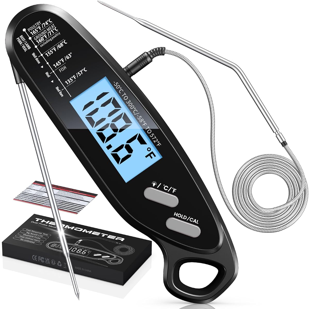Termómetro digital para carne de lectura instantánea para cocinar con sonda dual | Sonda de alambre grande retroiluminada, de 40 pulgadas de largo, termómetro para alimentos para parrilla, ahumador, barbacoa, dulces, freír aceite, cocina, regalo para hombres, negro