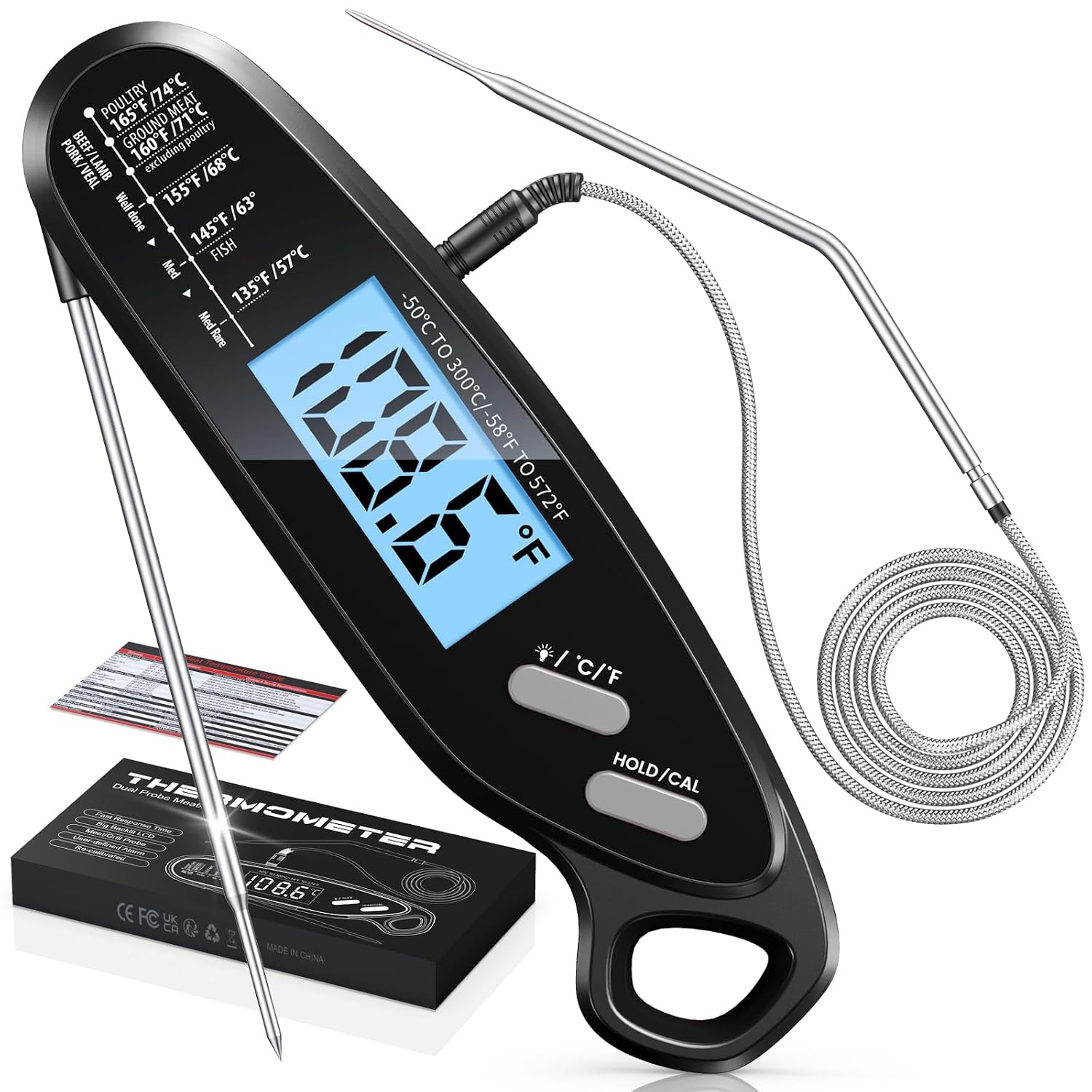 Instant Read Digital Meat Thermometer with Dual Probe and Backlit Display — front view