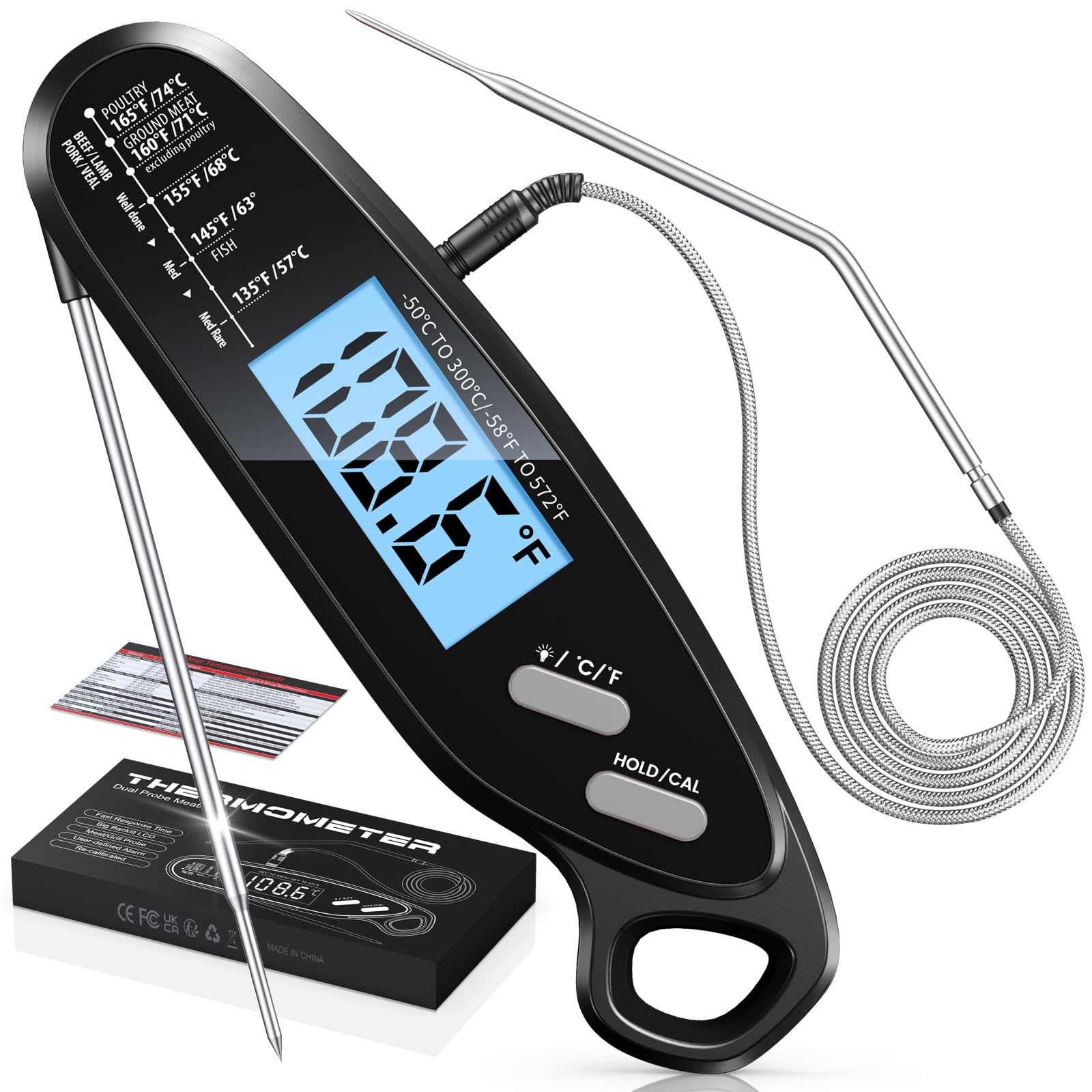 Babacom Meat Thermometer Digital with Dual Probes, Fast Instant Read Food Thermometer, Big Backlight Screen & Calibration, Kitchen Cooking Oven Thermometer for Oil, Candy, Jam, Water, Air Fryer, BBQ