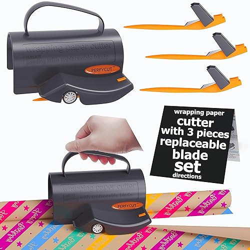 PERFYCUT Wrapping Paper Cutter with 3 Replaceable Blade Sets for