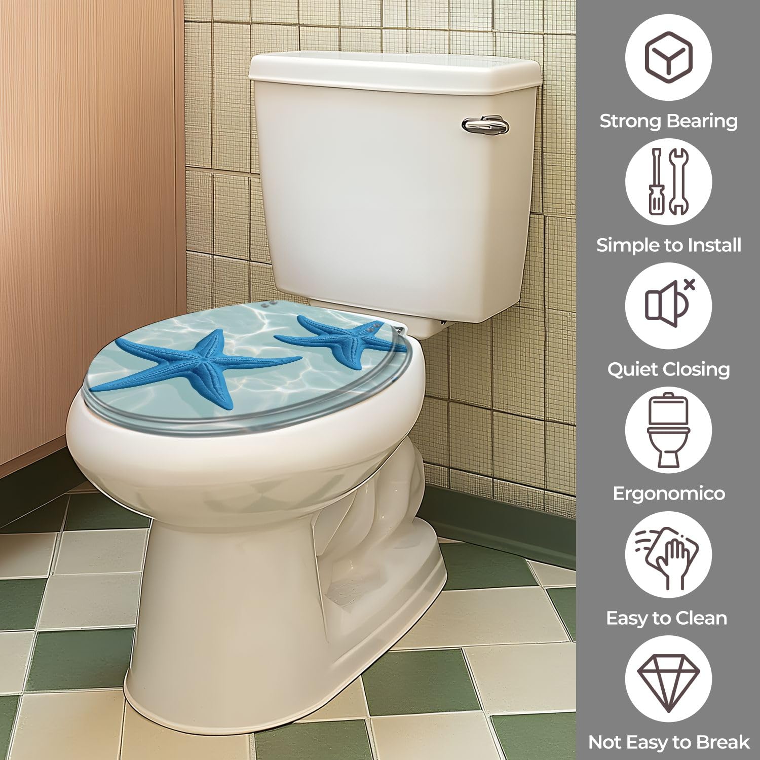 Asiento de inodoro redondo de resina con bisagras de liberación rápida. Decoración de baño estilo casa costera.