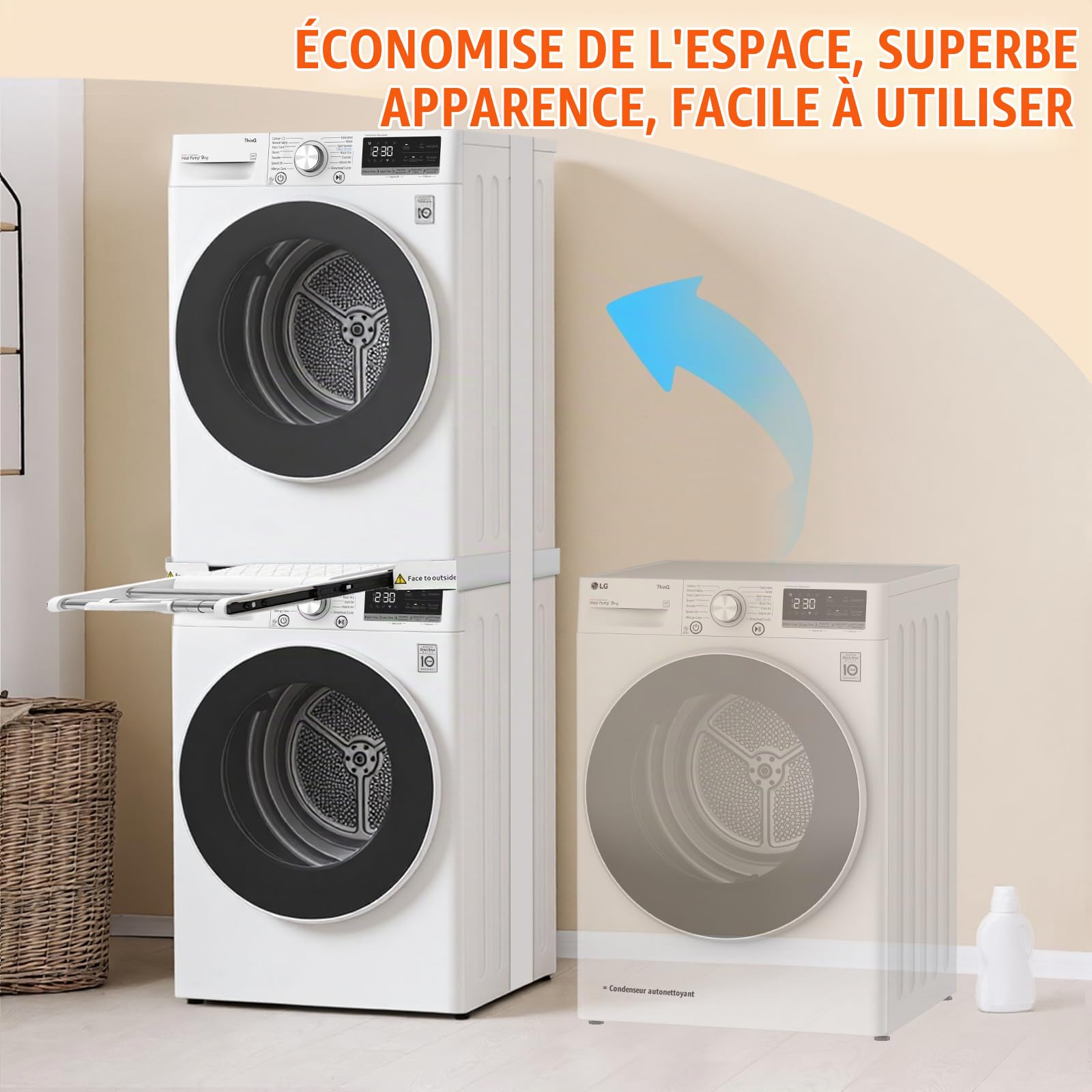MISTRO Kit de Superposition Universel Réglable 42-73cm Cadre Intermédiaire Monobloc avec Tablette Extensible 12kg et Barre Porte-Serviettes Station de Pliage Gain de Place pour Buanderie