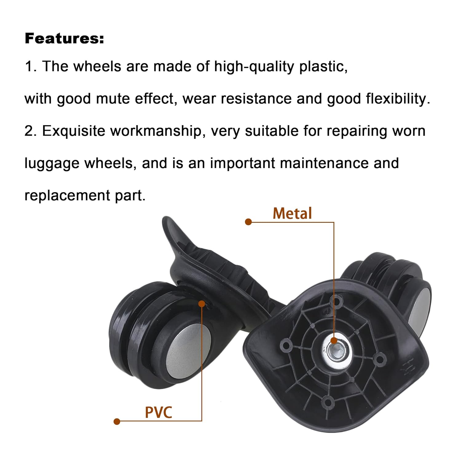 Close-up view of a BQLZR luggage wheel, highlighting its metal and PVC components.