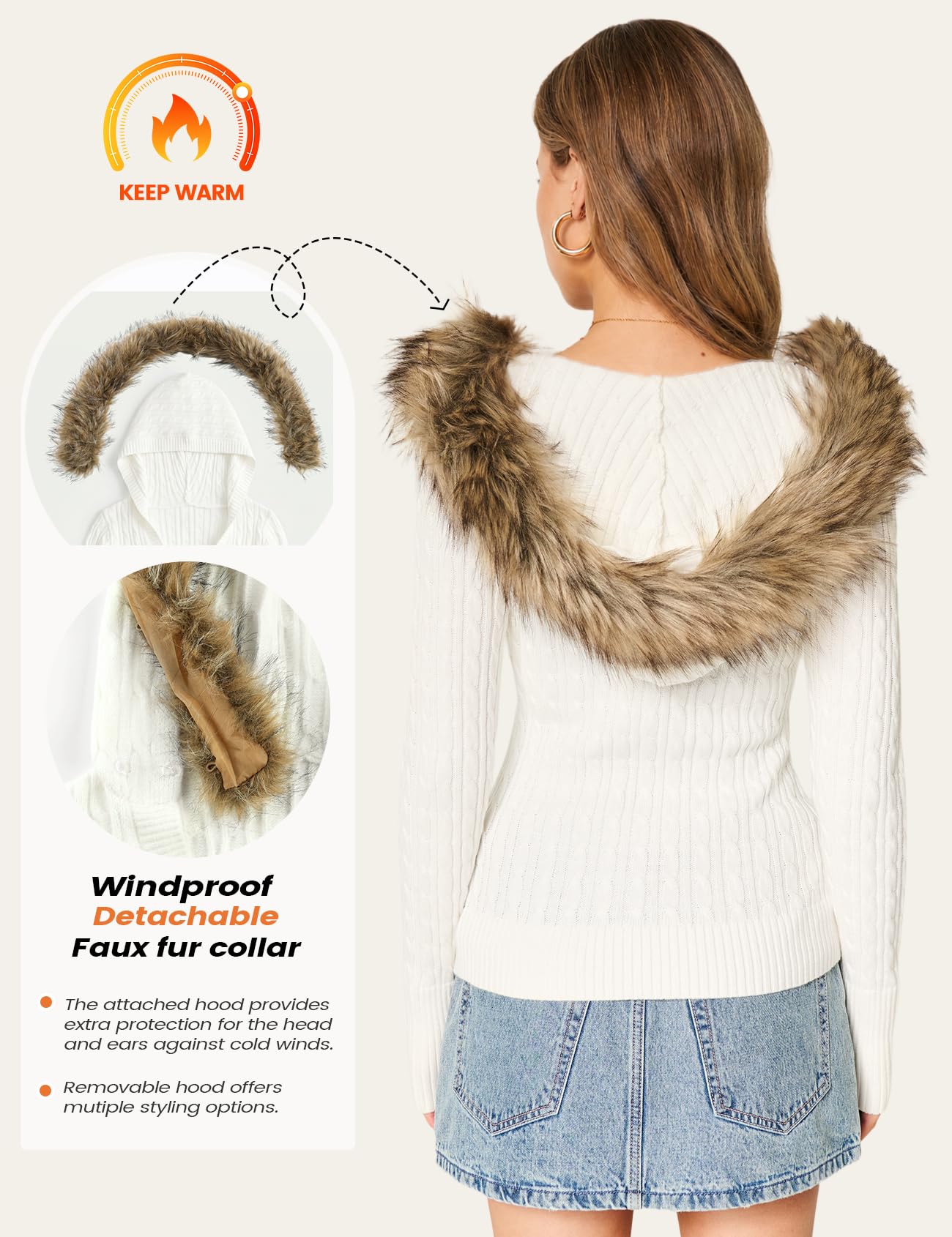 Wyeysyt Damen-Kapuzenpullover mit Zopfmuster, Kunstfellbesatz