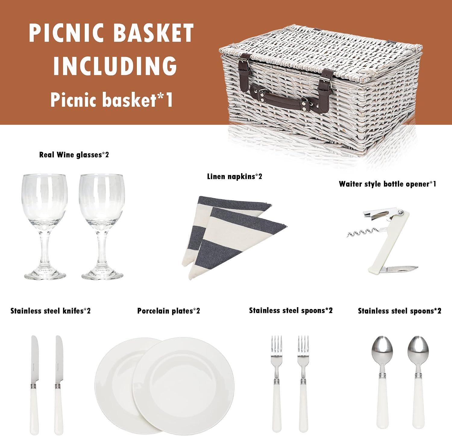 Picnic Basket for 2 Persons, Durable Wicker Picnic Hamper Set, Willow Picnic Basket Accessories Plates and Utensils, Perfect Wedding, Anniversary or Birthday Gift