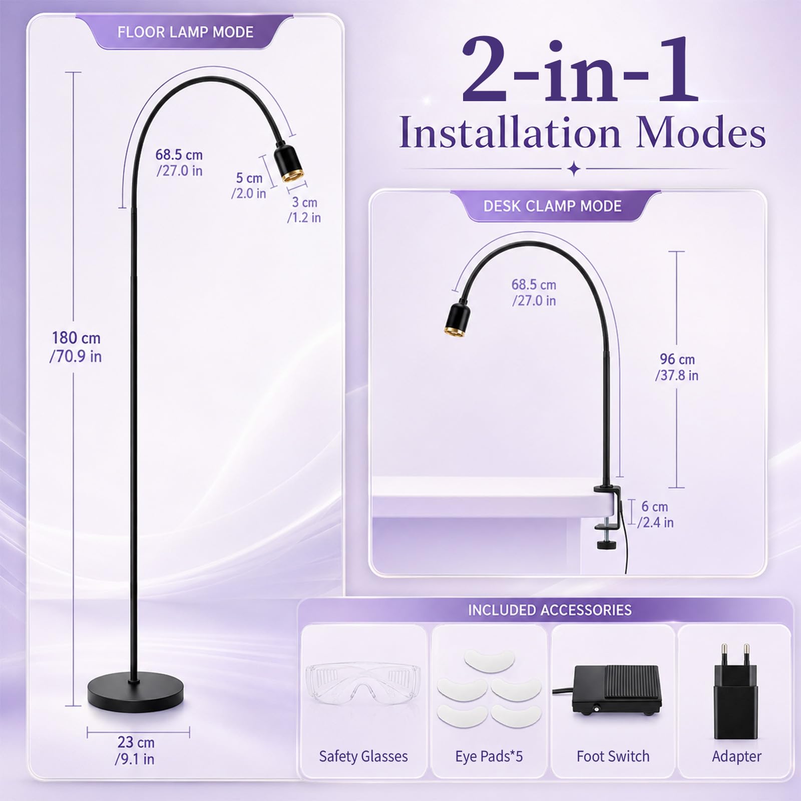 Lampada UV 2 in 1 per extension ciglia 10W | Lampada UV per extension ciglia con pedale, rotazione a 360°, tempo di polimerizzazione 2-3 secondi, area di irradiazione regolabile, saloni di bellezza