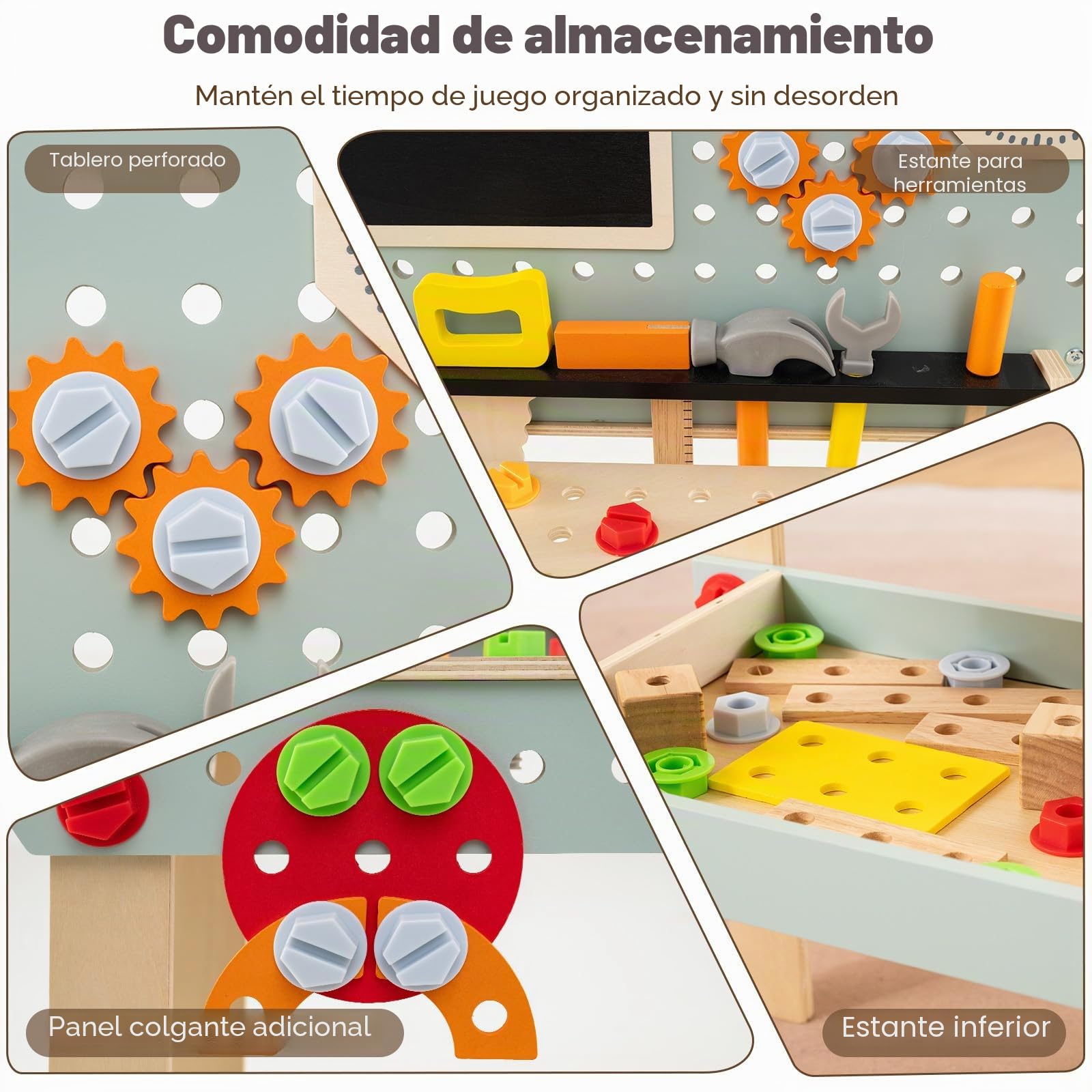 HOMASIS Banco Herramientas de Madera Juguete, Taller Mecanico Montessori con Juego de Herramientas y Espacio de Almacenamiento, Regalo Manualidades y Educativo para Niños y Niñas de 3+ Años
