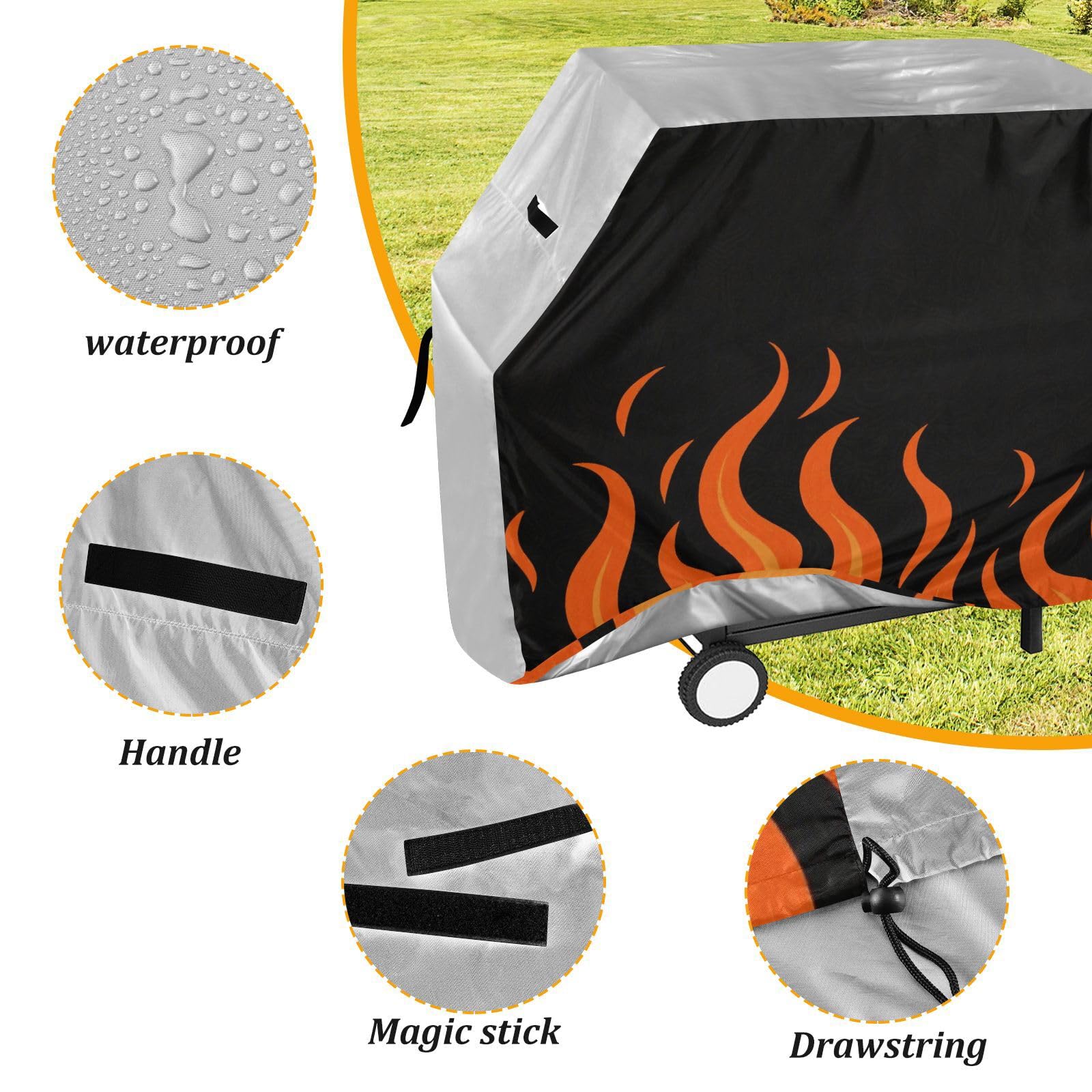 Flowing Fire Giraffe Pomarańczowy Płonący Grill Gazowy Pokrywa 158 cm Wodoodporny Wytrzymały Odporny na rozdarcie Odporny na blaknięcie Materiał Pokrowiec na grilla z regulowanym sznurkiem dla kurzu i
