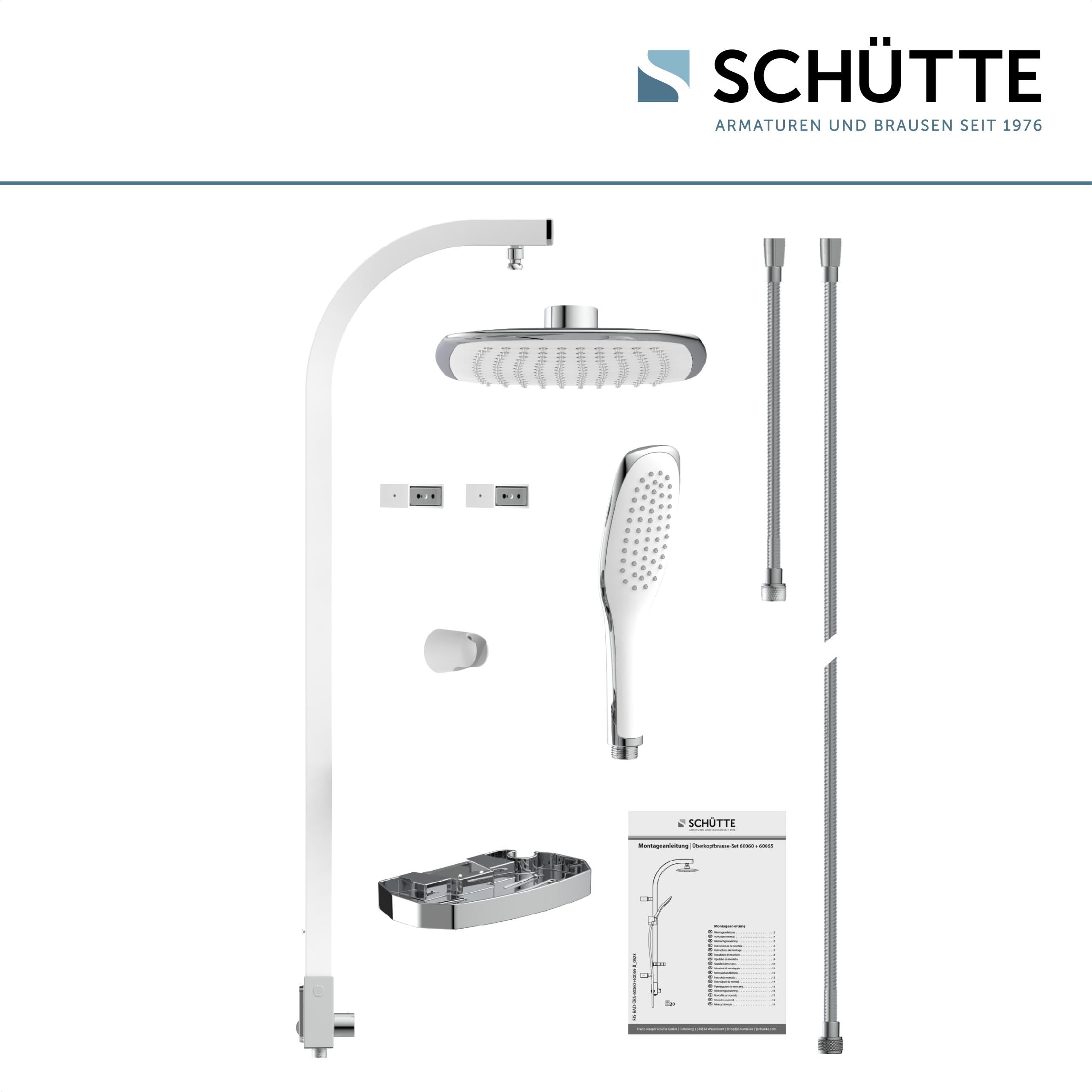 SCHÜTTE MADAGASKAR Regendusche mit Handbrause, Duschsystem in weiß mit praktischer Ablage und Wandhalterung, Duschset für Duscharmaturen, 120 cm