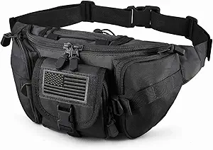 Tactical Fanny Pack,Military Waist Bag Pack with U.S Patch Utility Hip Belt Bumbag for Outdoor Fishing Hiking (Black(5 Zipper Pockets))