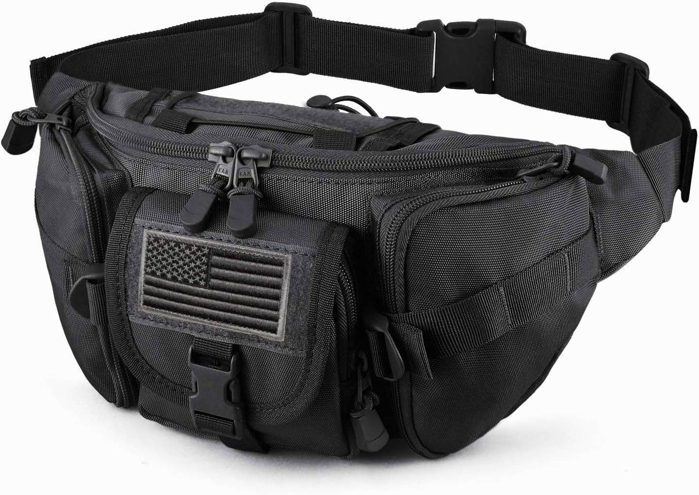 SOWHUP Tactical Fanny Pack,Military Waist Bag Pack with U.S Patch Utility Hip Belt Bumbag for Outdoor Fishing Hiking (Black(5 Zipper Pockets))