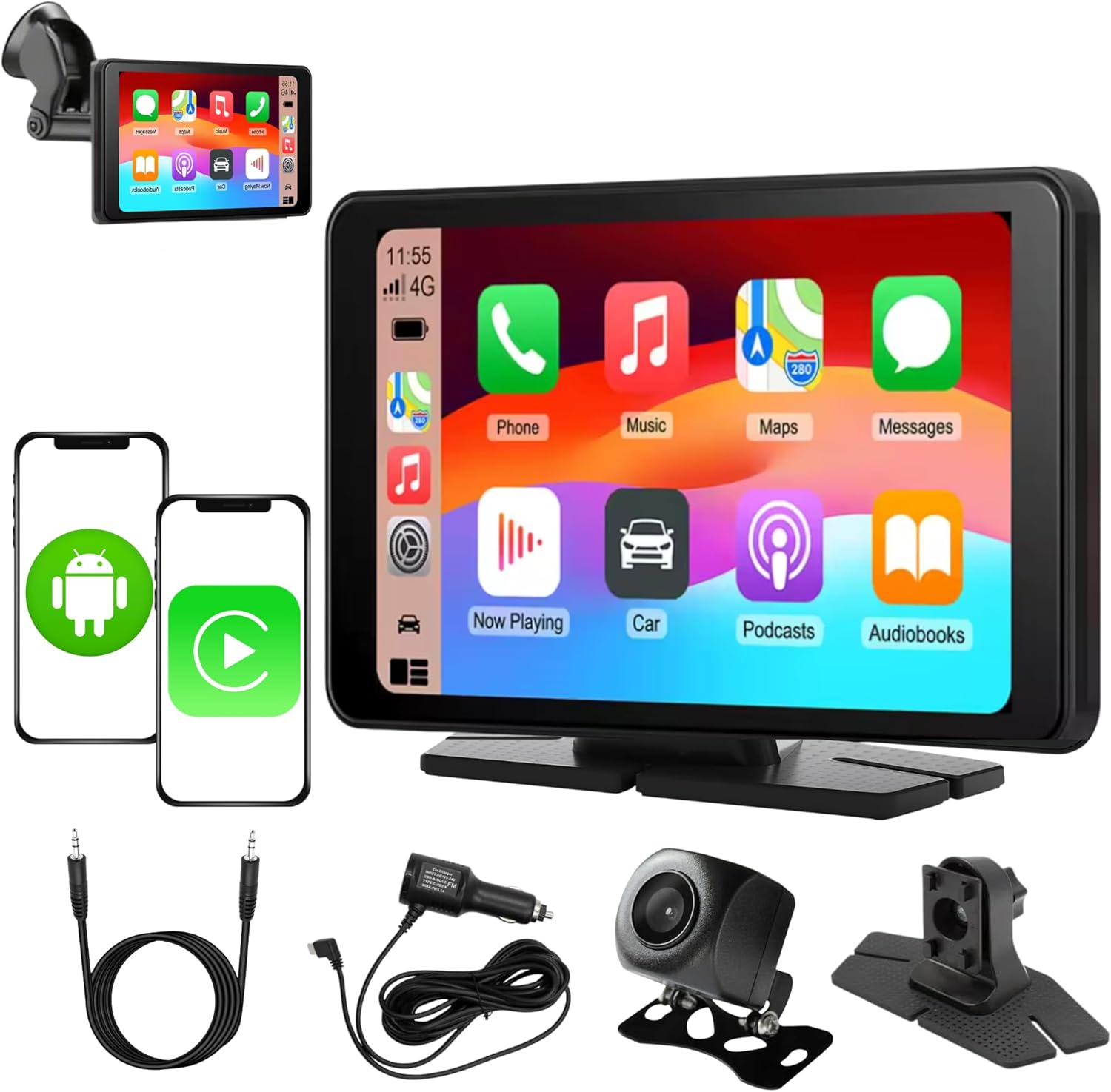 Portable Wireless Carplay Car Screen carplay, 7" Touchscreen for Car with Apple Car Play & Android Auto Backup Camera/Mirror Link/Voice Control/Bluetooth/GPS/AUX/FM All Vehicle