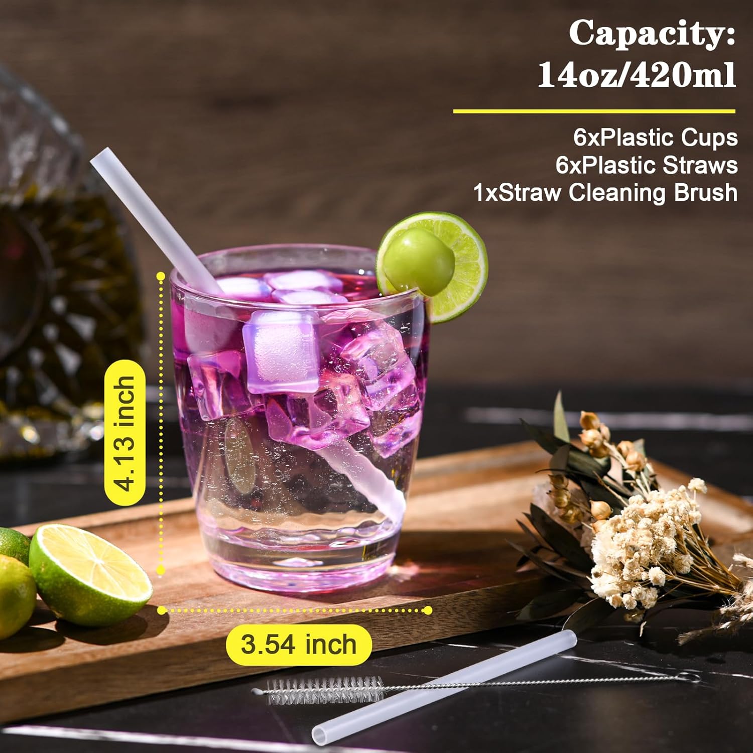 6 Pcs Plastic Drinking Tumblers of 14 oz, Acrylic Drinking Glasses with Straw&PP Brush, BPA-Free, Stackable Water Cups, Clear Cups for Juice, Wine (14 oz-6 pcs) - Image 3