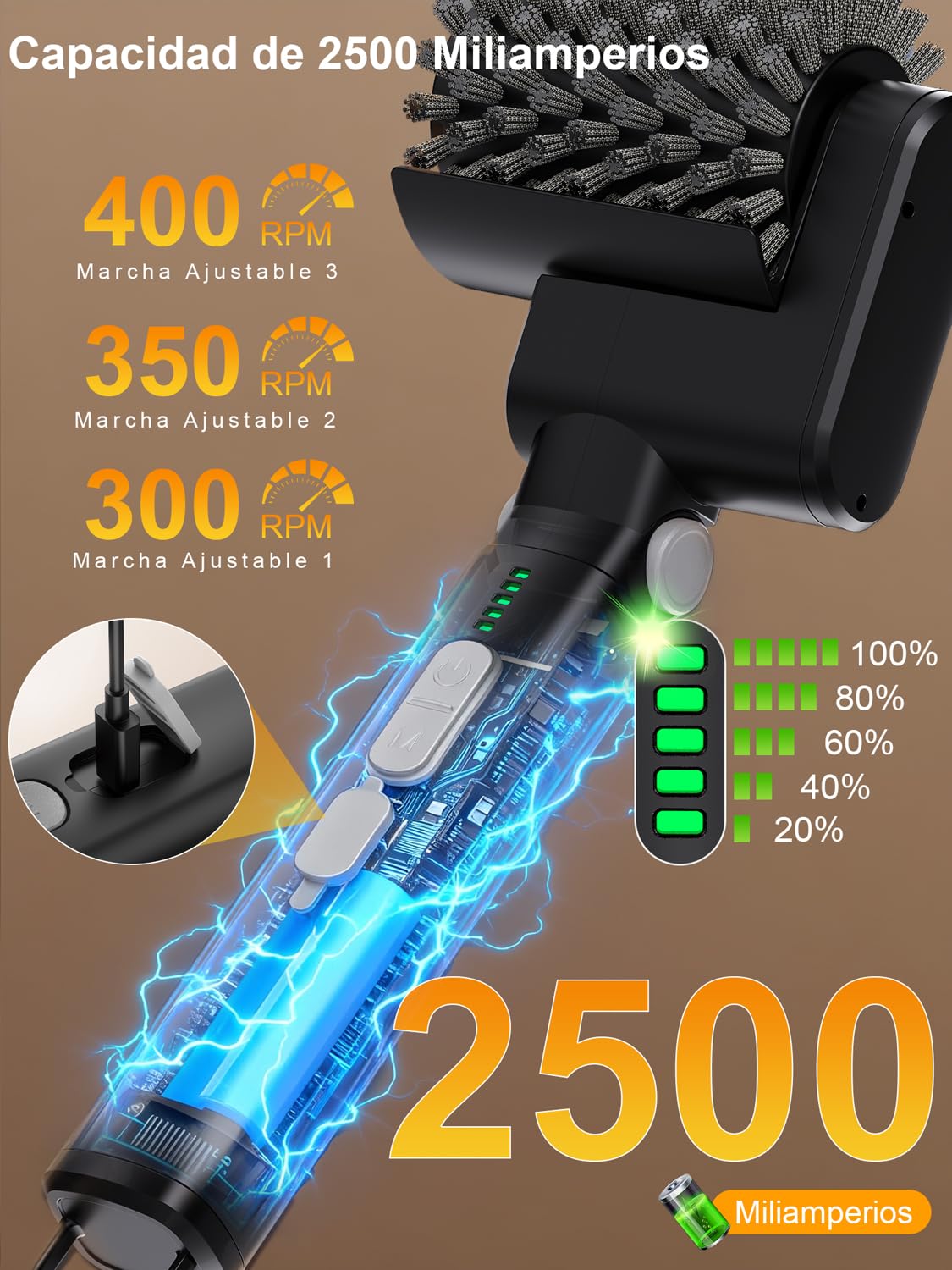 Cepillo eléctrico para Parrillas — Cepillo con Control de Potencia de 3 velocidades para Parrillas de Exterior, Recargable y sin Cables — Incluye 2 Cabezales de Cepillo y Almohadilla de Limpieza