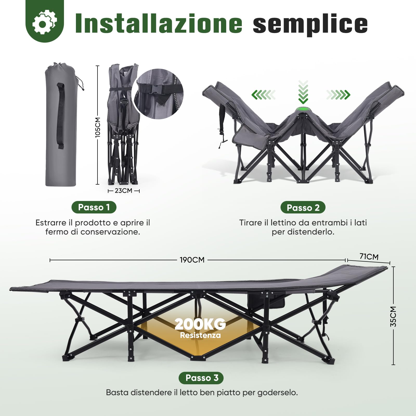 Sekey Letto da campeggio pieghevole XXL, 190 x 71 x 35 cm, extra largo, con tubi in acciaio rinforzato e tessuto Oxford di alta qualità, ideale come lettino da pesca e campeggio