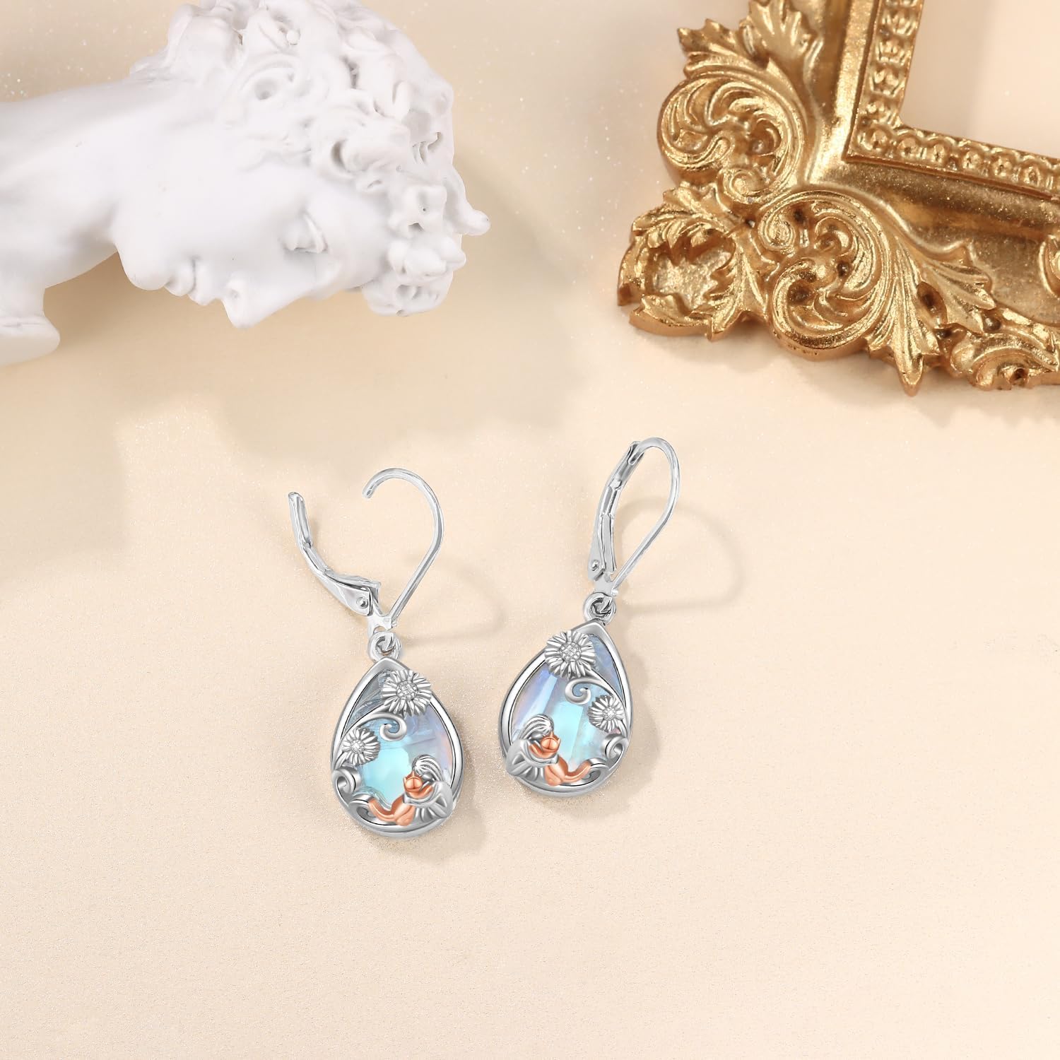 Odinstone 925 Sterling Silver Cat Moonstone Ladies Earring Drop Hanging Earrings Hypoallergenic Jewelry for Women