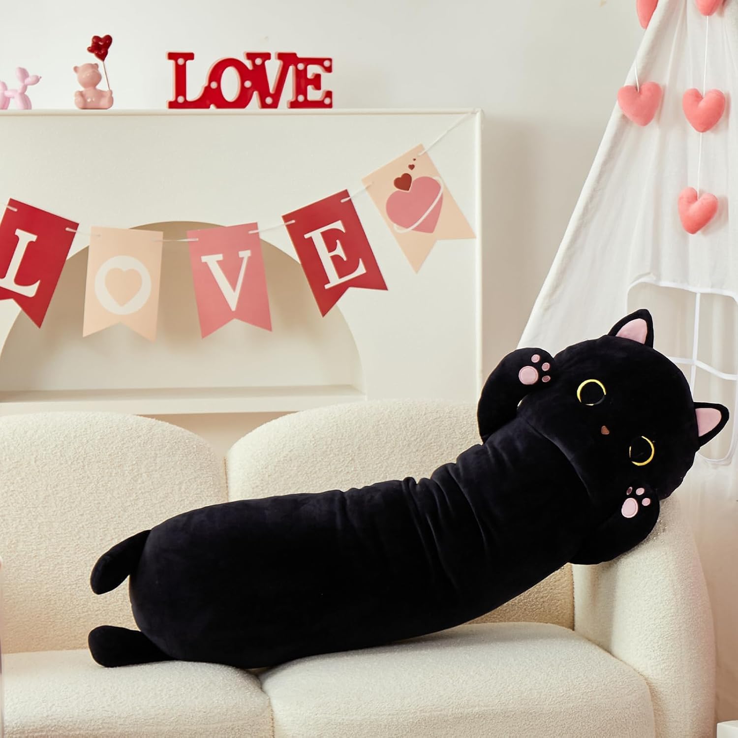 MaoGoLan Long Cat Body Pillow for Kids, 44'' Big Kitten Plush for Adults, Big Black Cat Stuffed Animal for Girl, Large Kitten Plush Throw Pillow for Birthday Gift, Baby Shower Party Favor Decor