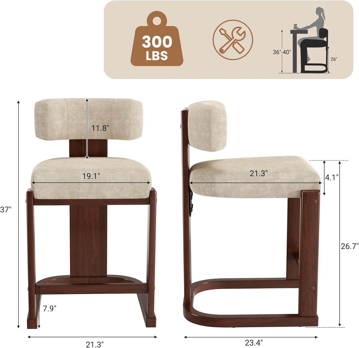 Bar Stools Set of 3, Upholstered Counter Height Bar Stools, Mid Century Modern Counter Stools with Curved Backrest, Solid Wood Legs, 26" Bar Chairs for Kitchen Island Bar, Khaki