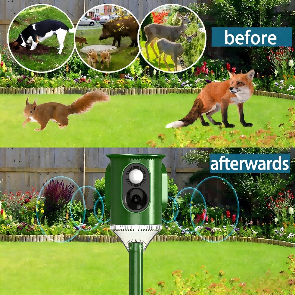 2X Repelente Solar ultrasónico 360° con luz Intermitente,Activado por Movimiento,Impermeable para jardín contra Gatos,Perros,Ardillas,mapaches,mofetas,Conejos y Coyotes