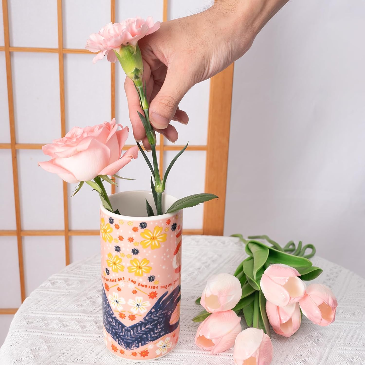 Cute Ceramic Flower Vase - Unique Abstract Art Deco Aesthetic Vase - Medium Colorful Design Features Hands Holding Sun and Moon, Ideal for Living Room and Dining Table - Thoughtful Housewarming Gift
