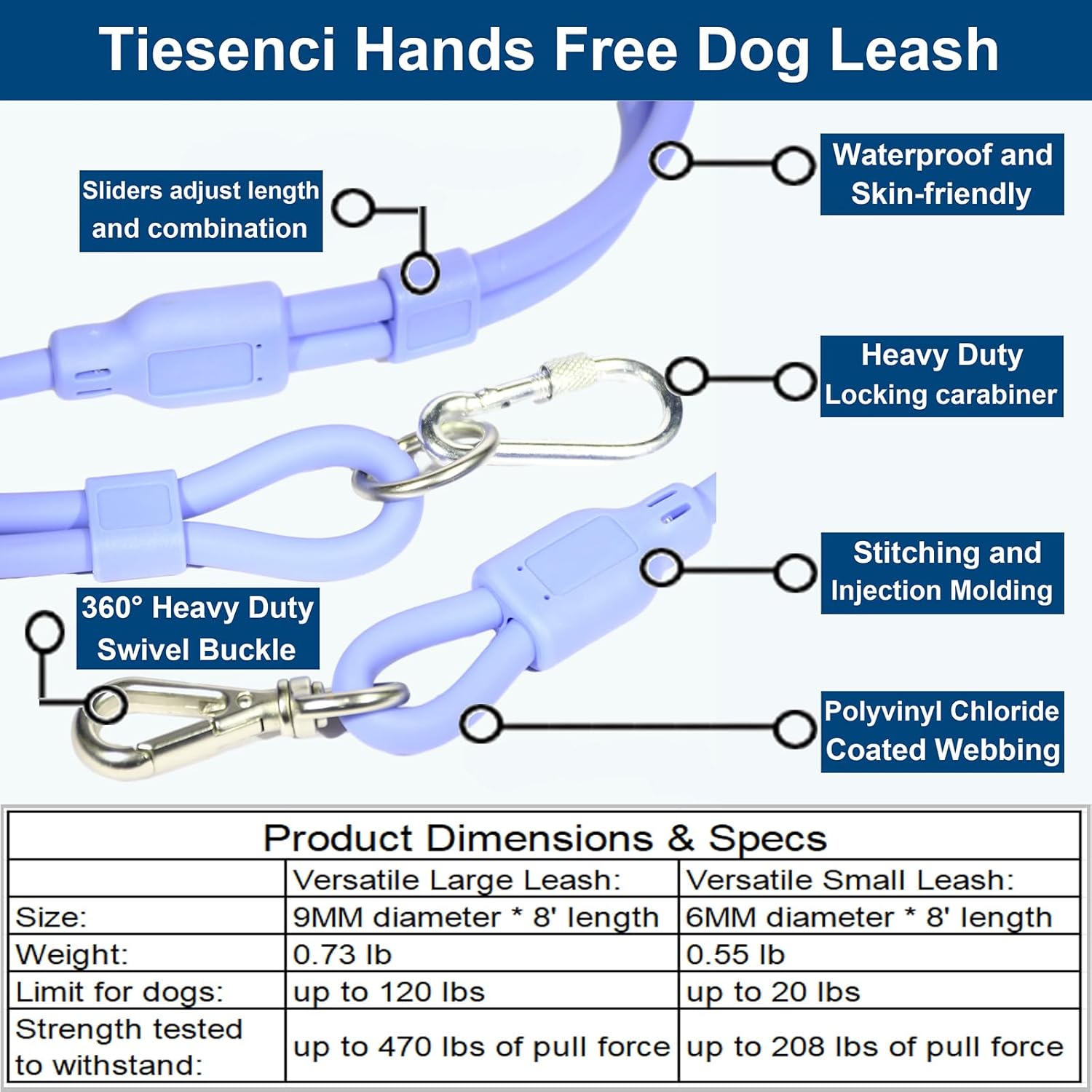 Hands Free Dog Leash Crossbody & Waist for Walking, 9-in-1 No Pull Dog Harness & Leash Set, Heavy Duty Waterproof Slip Lead for Large Medium Breeds (20-120lb, Purple)