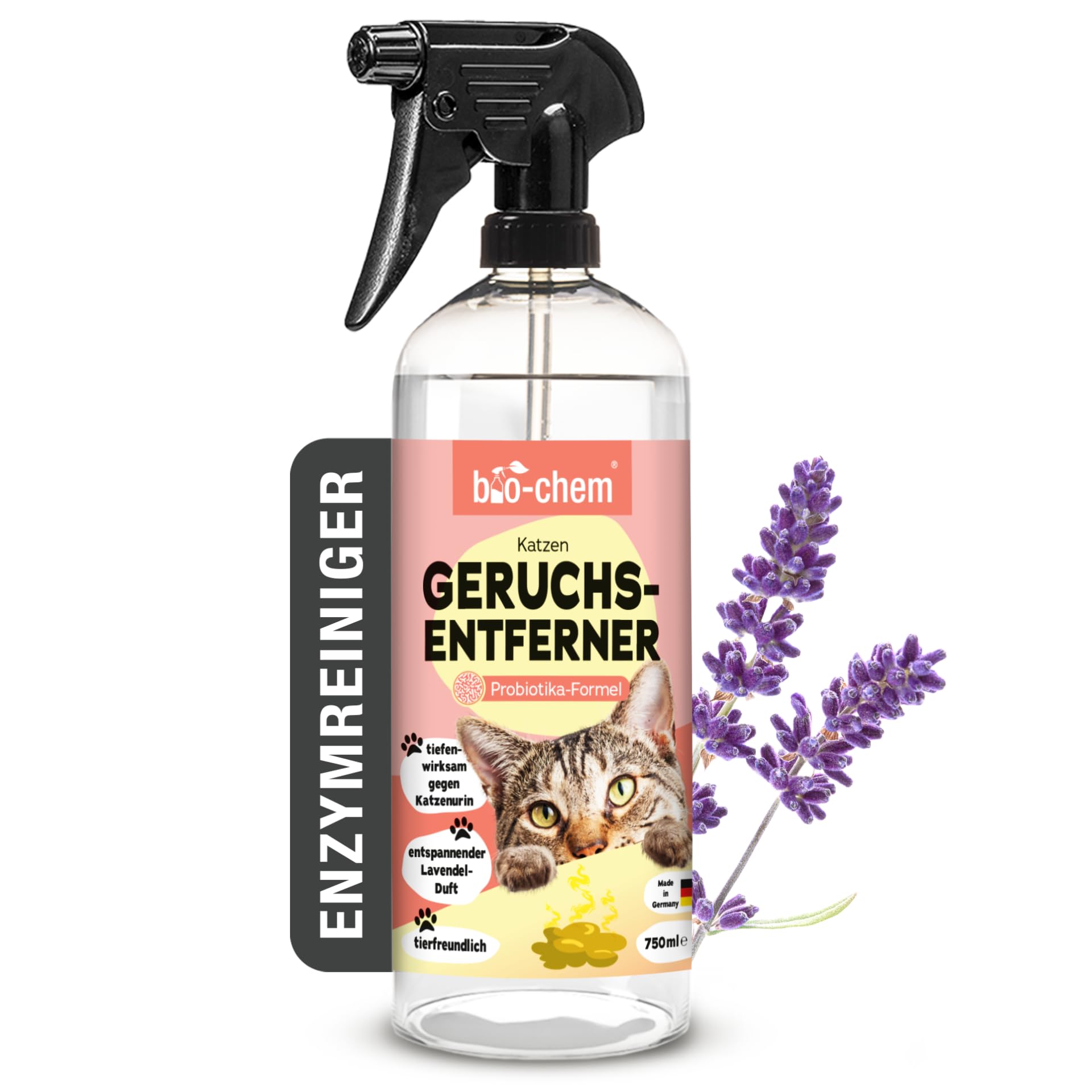 bio-chem Katzen Geruchsentferner Spray 750ml | Enzymreiniger mit Mikroorganismen gegen Katzenurin auf Sofa, Teppich & Polster