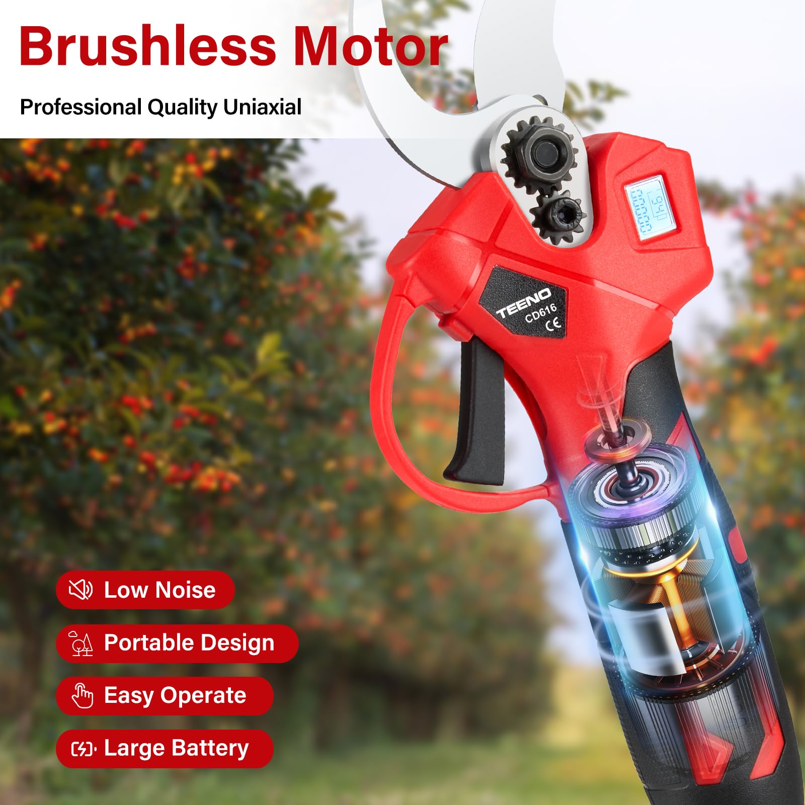TEENO Tijeras de Podar Electricas Inalámbricas 30MM con LCD,Motor sin Escobillas, 2 * 2000mAh baterías,Tijera para Jardinería Podadora Adecuada para Jardines, Ramas,Huertos (Dos pilas)