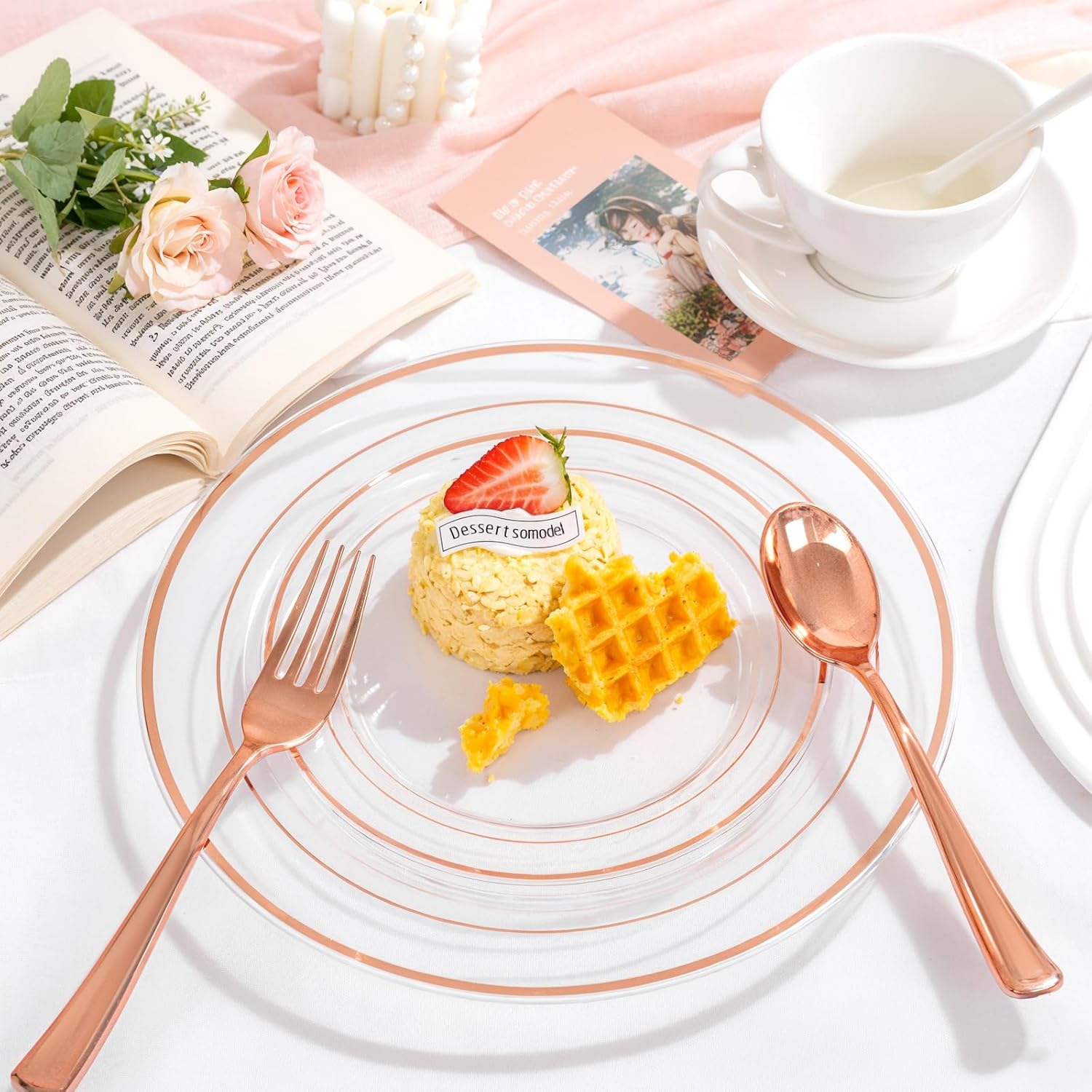 bUCLA 150PCS Clear Rose Gold Disposable Dinnerware set - Rose Gold Plastic Plates Include 25 Dinner / 25 Dessert Plates, 25 Knives, 25 Forks, 25 Spoons, 25 Cups for Party, Wedding & Valentines Day - Image 7