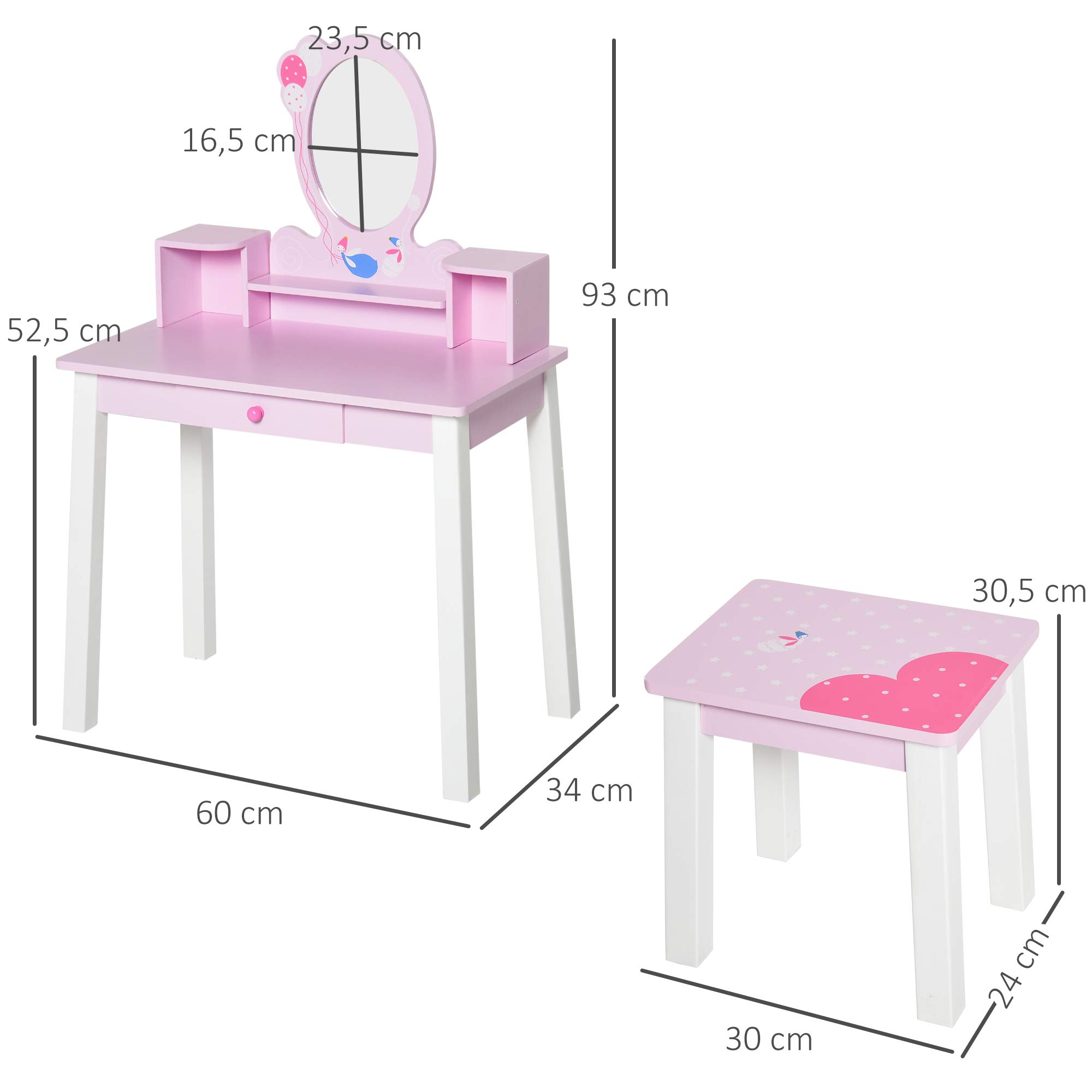 HOMCOM Tocador Infantil con Taburete y Espejo Tipo Princesa Mesita de Maquillaje de Madera Rosa Juguete para Niñas 60x34x93 cm