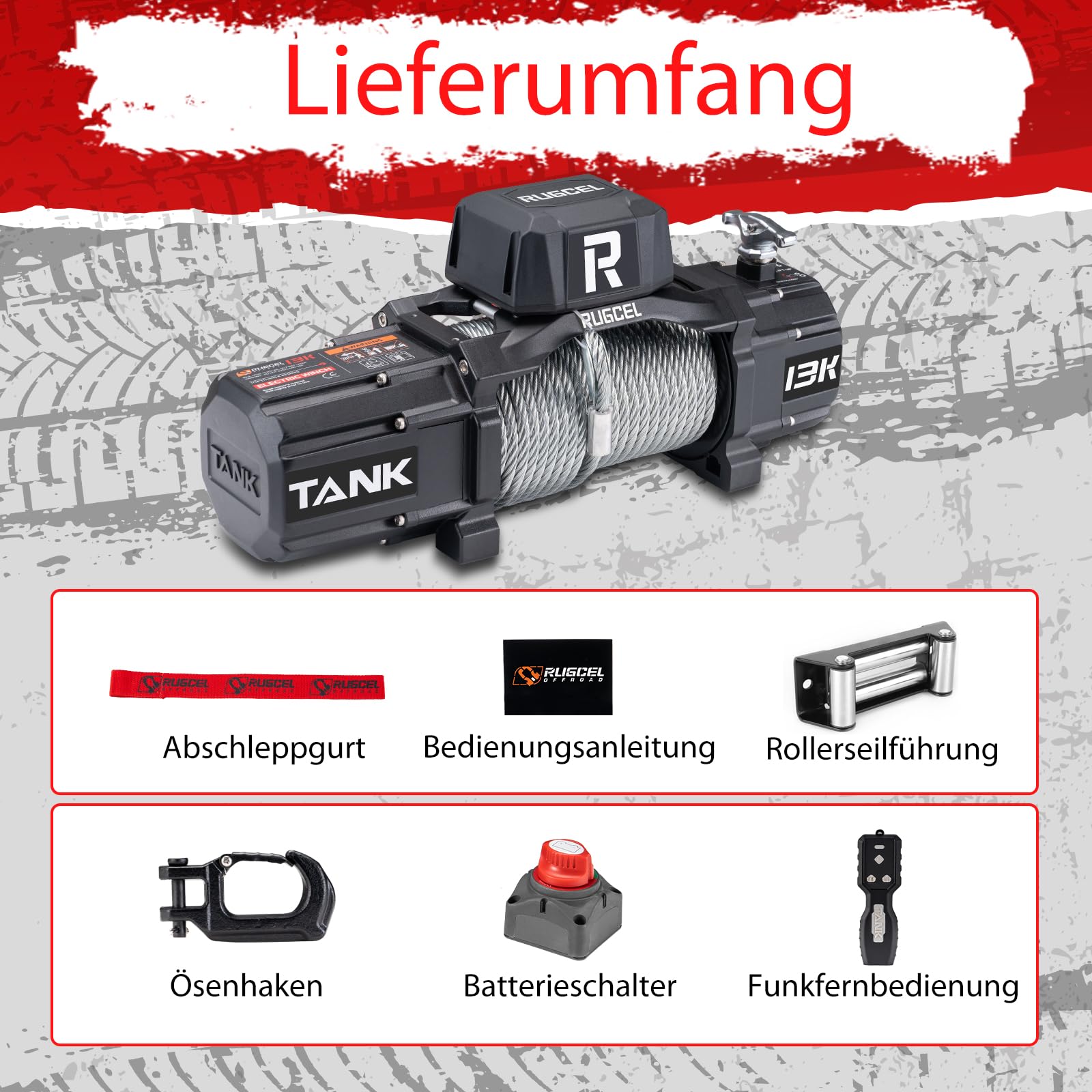 RUGCEL WINCH Elektrische Seilwinde 6123 kg (13500 lbs), 12V DC, IP67 Wasserdicht, Stahlkabel, 2-in-1 Funkfernbedienung & Kabelsteuerung, für Geländewagen,LKW & Boot