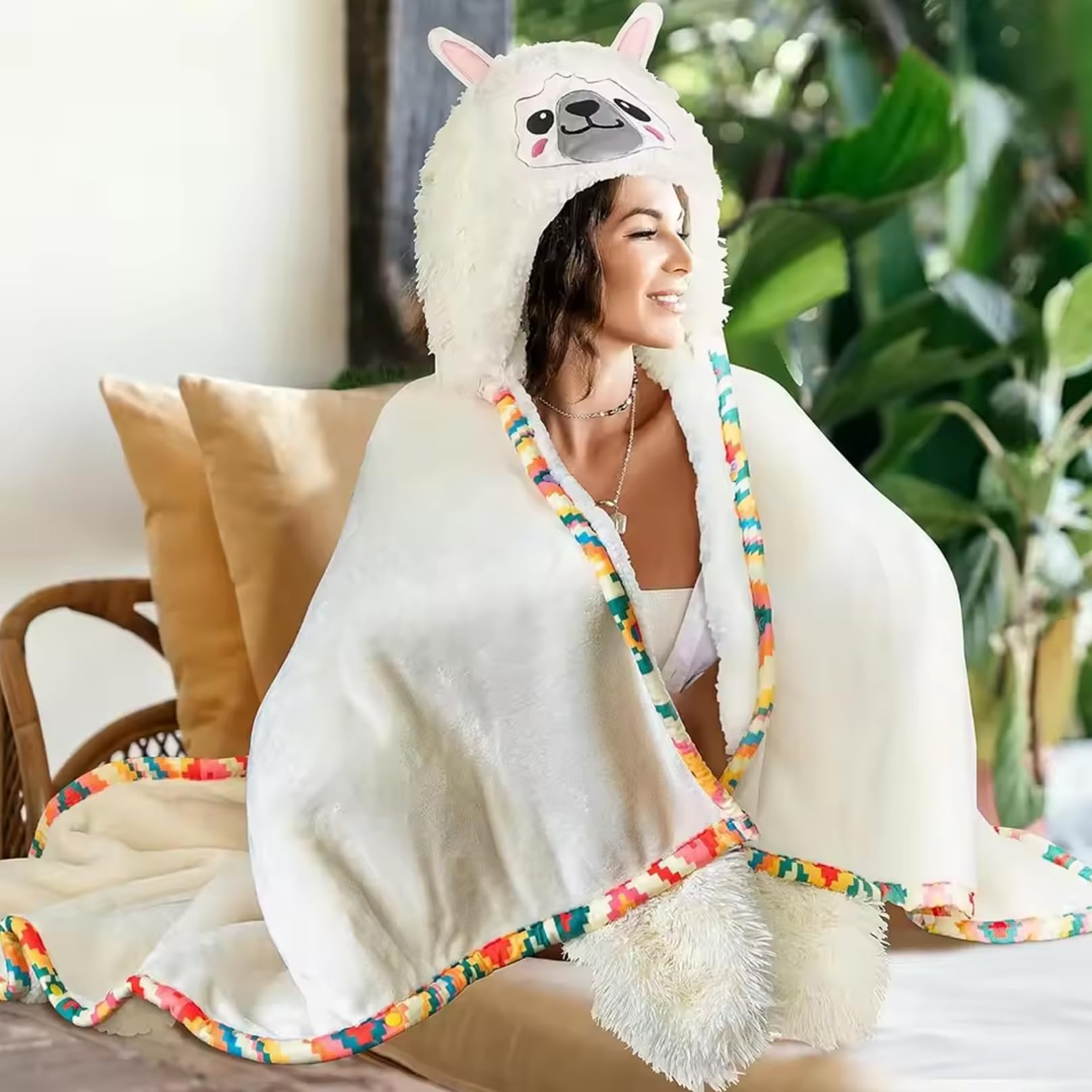 Manta Portable con Capucha de Manta de Invierno de Alpaca Suave y esponjosa para Adultos para Mujeres dormitorios de Adultos