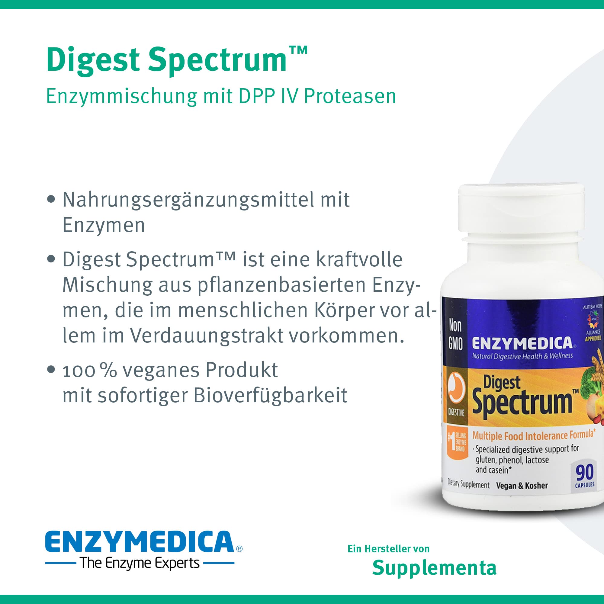 Enzymedica Digest Spectrum - Verdauungsenzyme zur Unterstützung der Aufspaltung von Proteinen, Kohlenhydraten und Fetten - glutenfrei, vegan, ohne Gentechnik, ohne Füllstoffe, 90 Kapseln