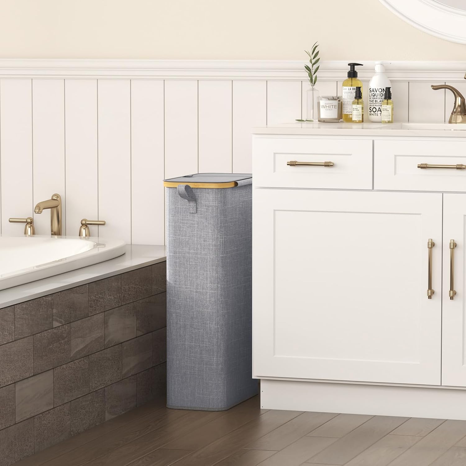Lifewit 65L Slim Laundry Hamper with Lid, Narrow Laundry Basket with Removable Bag & Bamboo Handles, Fodable Thin Dirty Clothes Hamper for Laundry Collapsible Bin for Bathroom Bedroom Dorm, Gray